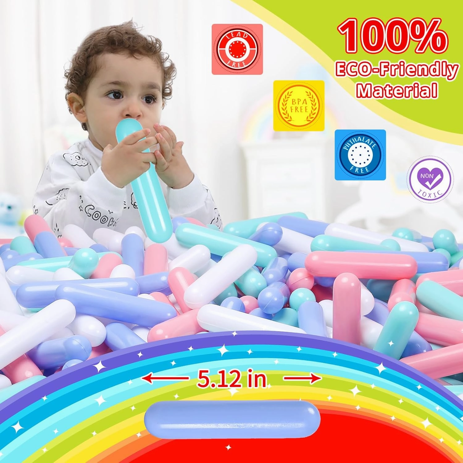 STARBOLO Ball Pit Balls for Baby and Toddler, 100 150 200 Pack Phthalate Free BPA Free Crush Proof Plastic - Multicolored Pit Balls Play Toys for Kids (Macaron 5 Color;Candy Long Balls, 100balls)