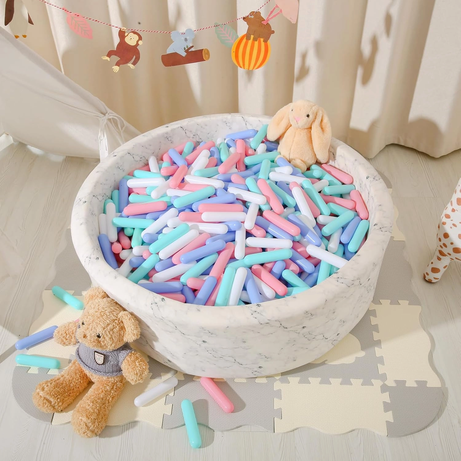STARBOLO Ball Pit Balls for Baby and Toddler, 100 150 200 Pack Phthalate Free BPA Free Crush Proof Plastic - Multicolored Pit Balls Play Toys for Kids (Macaron 5 Color;Candy Long Balls, 100balls)