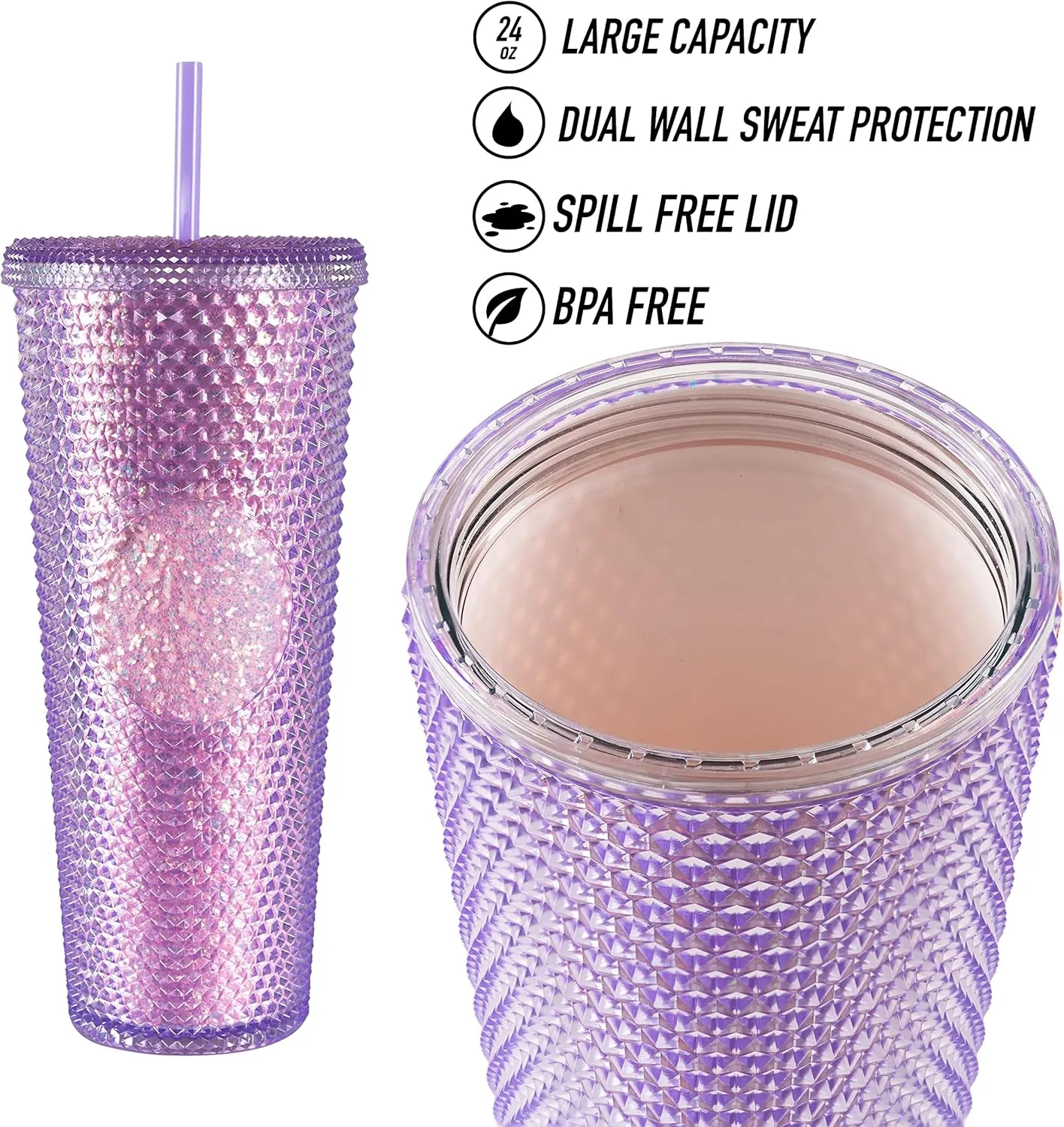Sterz Studded Tumbler with Straw | Double Wall Tumbler perfect for Hot and Cold Drinks | Iced Coffee Cup, Smoothie Cup | Reusable, BPA Free, 24oz Capacity (Lavender Purple)