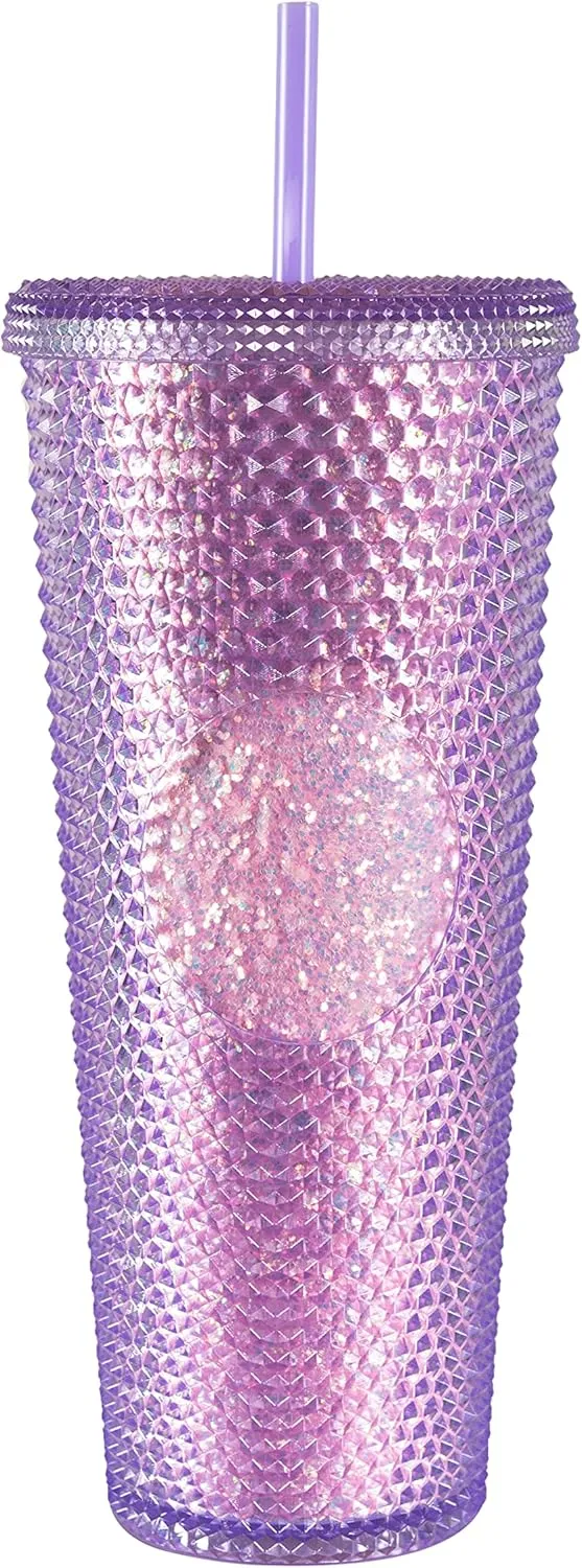 Sterz Studded Tumbler with Straw | Double Wall Tumbler perfect for Hot and Cold Drinks | Iced Coffee Cup, Smoothie Cup | Reusable, BPA Free, 24oz Capacity (Lavender Purple)