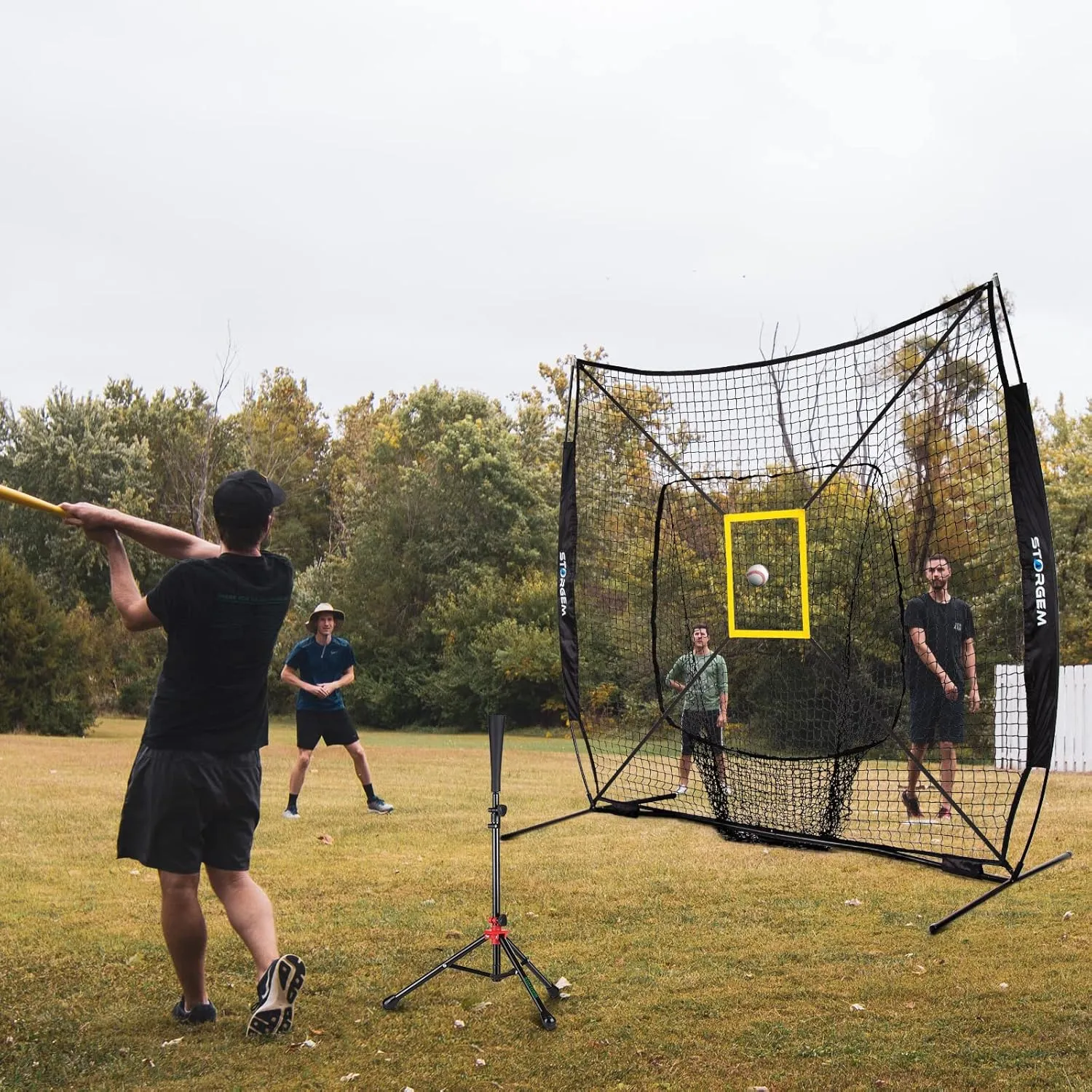 Storgem Baseball and Softball Practice Net 7×7ft Portable Hitting Pitching Batting Training Net Baseball Backstop Net with Batting Tee and Strike Zone and Bow Frame