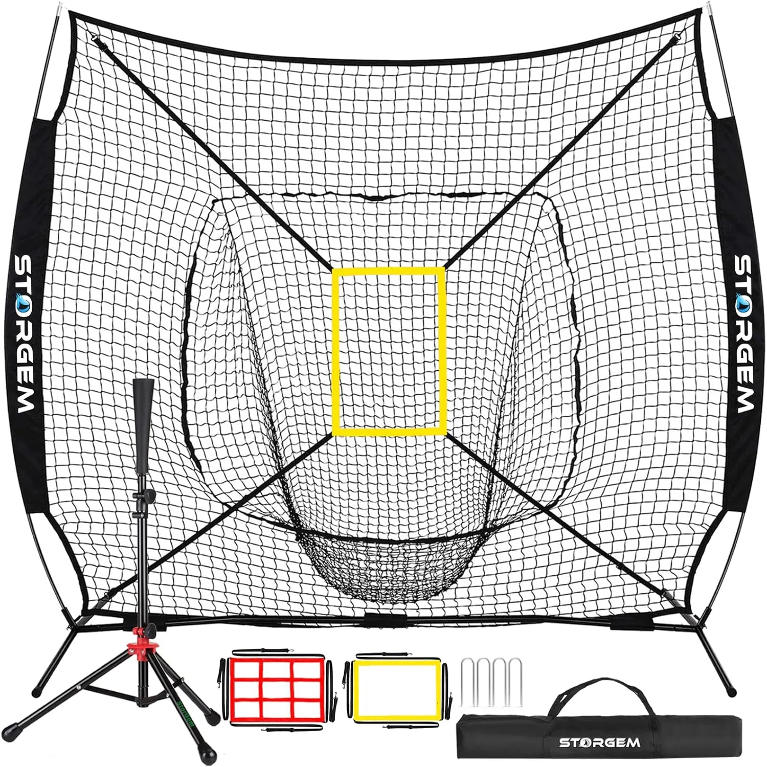 Storgem Baseball and Softball Practice Net 7×7ft Portable Hitting Pitching Batting Training Net Baseball Backstop Net with Batting Tee and Strike Zone and Bow Frame