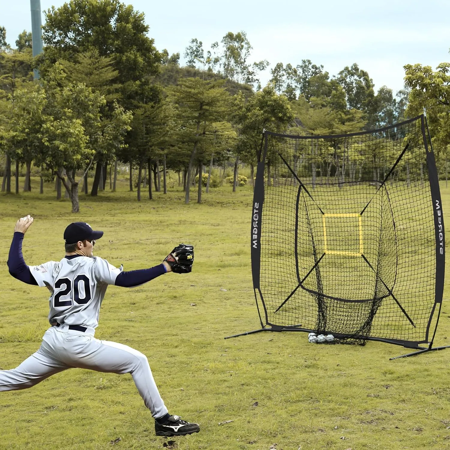 Storgem Baseball and Softball Practice Net 7×7ft Portable Hitting Pitching Batting Training Net Baseball Backstop Net with Batting Tee and Strike Zone and Bow Frame