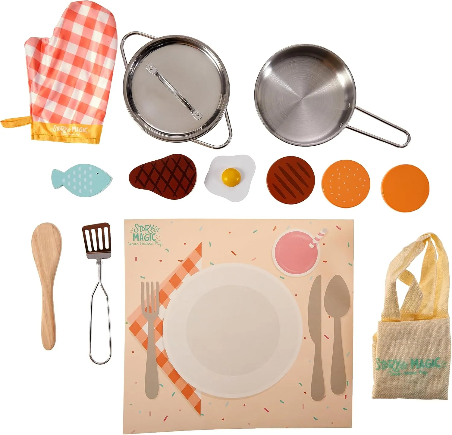 Story Magic Wooden Cooking Playset, 10  Piece Wooden Kids Pretend Play Kitchen Set, Ages 4 
