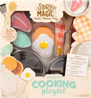 Story Magic Wooden Cooking Playset, 10  Piece Wooden Kids Pretend Play Kitchen Set, Ages 4 