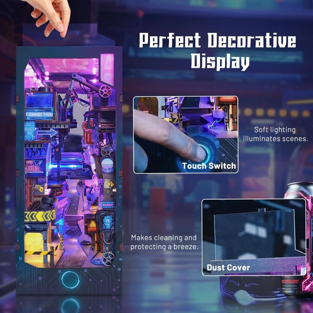 STRUCWOOD Book Nook Cyberpunk,New DIY Dollhouse Booknook Bookshelf Insert Decor,3D Wooden Puzzles with LED,Book Nook Miniature Kit,Birthday ChristmasDecor for Teens Adult-Cyberpunk