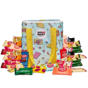 Sugoi Mart Japanese Kitkat Variety Pack - 120 Pcs Mini Kitkats Individually Wrapped Japanese Chocolate Wafer Bars, 7-10 Assorted Flavors with Stylish, Reusable Cooler Bag