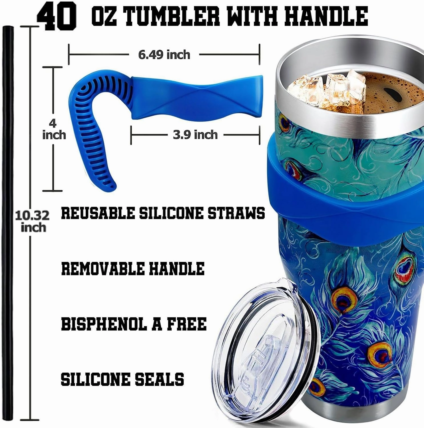 Sunmdecor 40 Oz Tumbler with Handle and Silicone Straws,Coffee Insulated Tumbler with Handle,40oz Tumbler with Handle