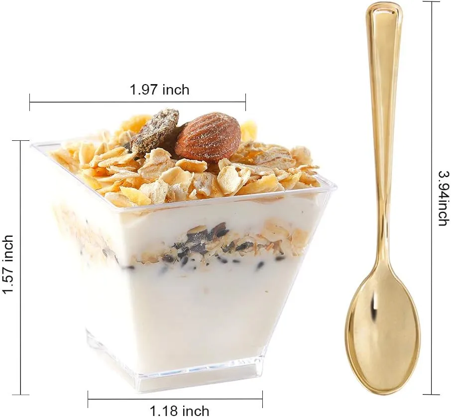 supernal 2oz Square Plastic Mini Dessert Cups with Gold Spoons,Parfait Appetizer Cup,100pcs Cups,100pcs Gold Spoons,Perfect for Birthday,Party,Wedding