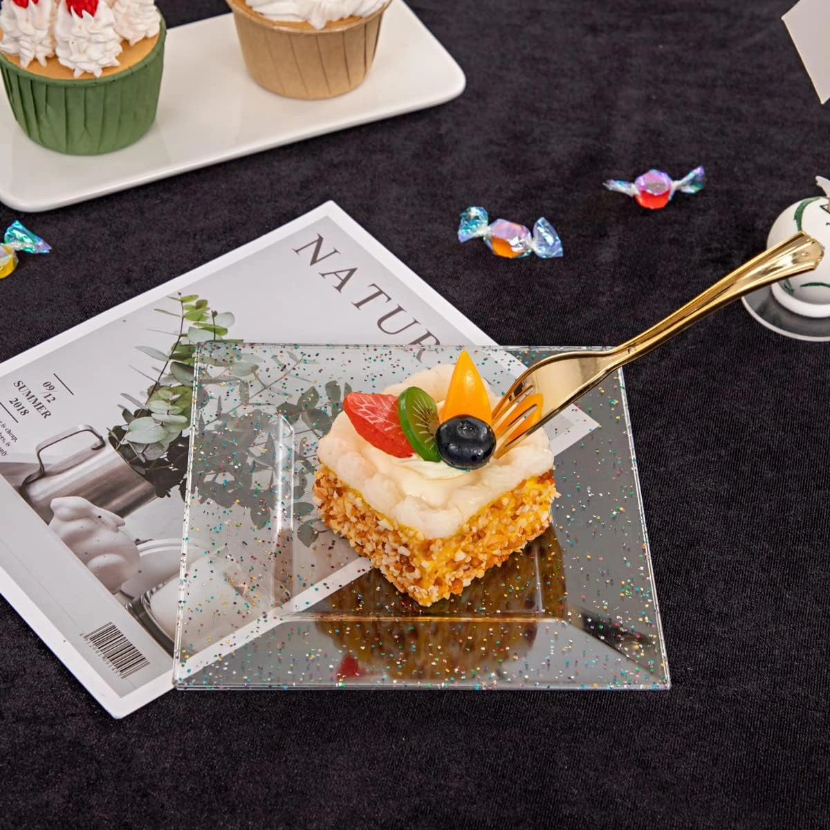 supernal Plastic Square Plates, Glitter Design, 100pcs, 6'' Dishware, BPA Free, Reusable with Caveats, Clear