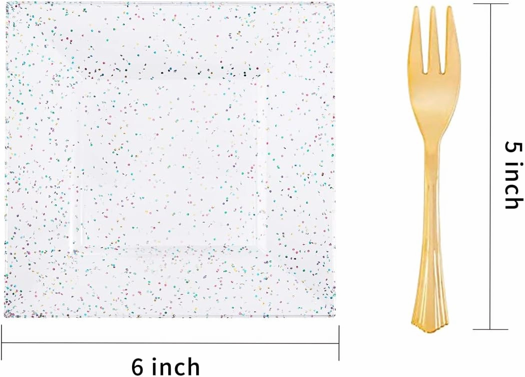 supernal Plastic Square Plates, Glitter Design, 100pcs, 6'' Dishware, BPA Free, Reusable with Caveats, Clear