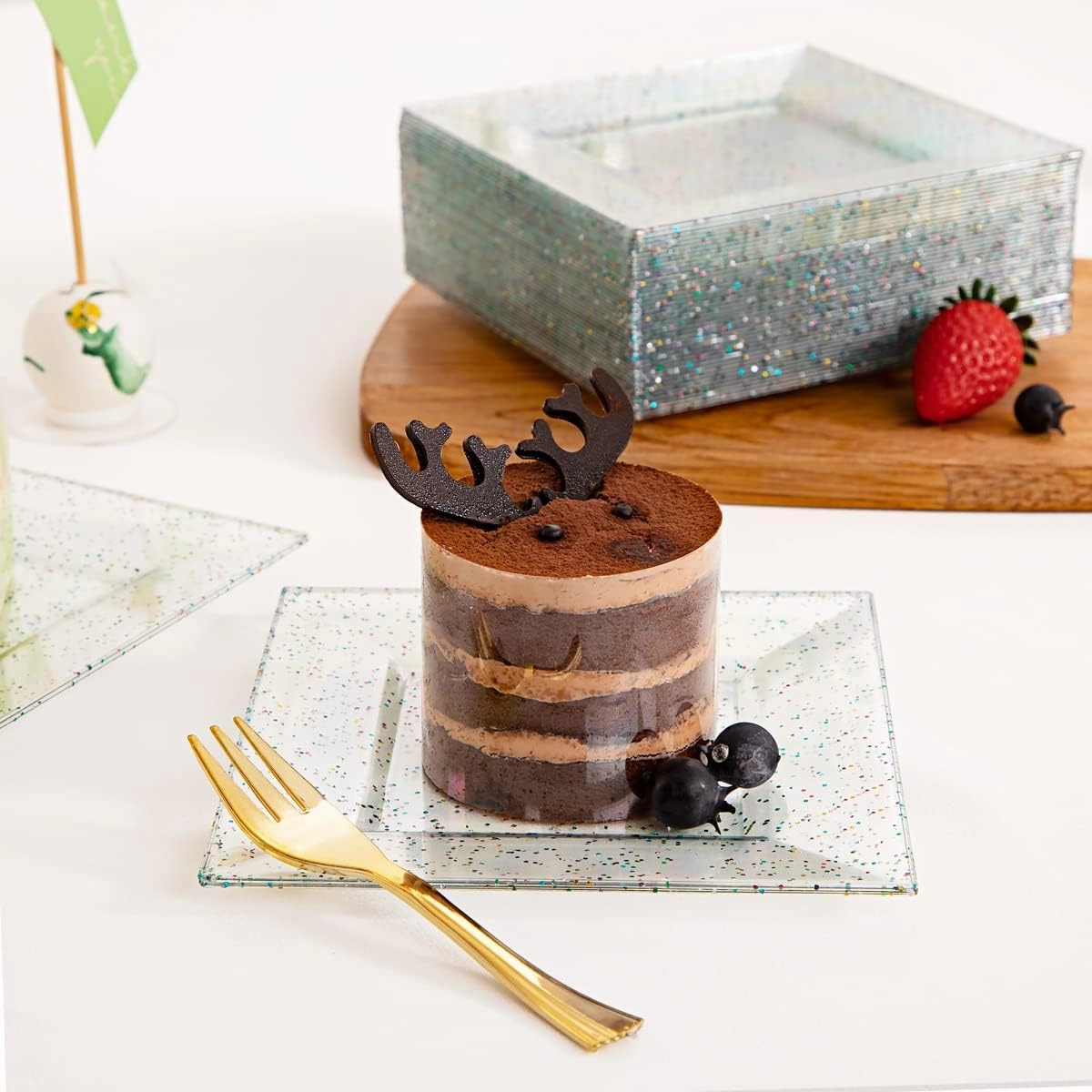 supernal Plastic Square Plates, Glitter Design, 100pcs, 6'' Dishware, BPA Free, Reusable with Caveats, Clear