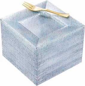 supernal Plastic Square Plates, Glitter Design, 100pcs, 6'' Dishware, BPA Free, Reusable with Caveats, Clear