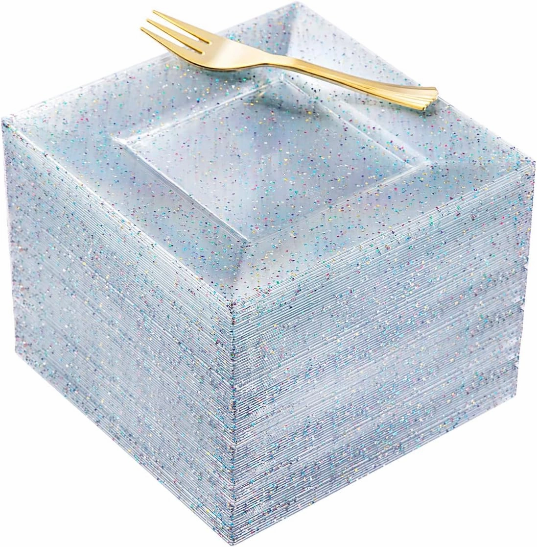 supernal Plastic Square Plates, Glitter Design, 100pcs, 6'' Dishware, BPA Free, Reusable with Caveats, Clear