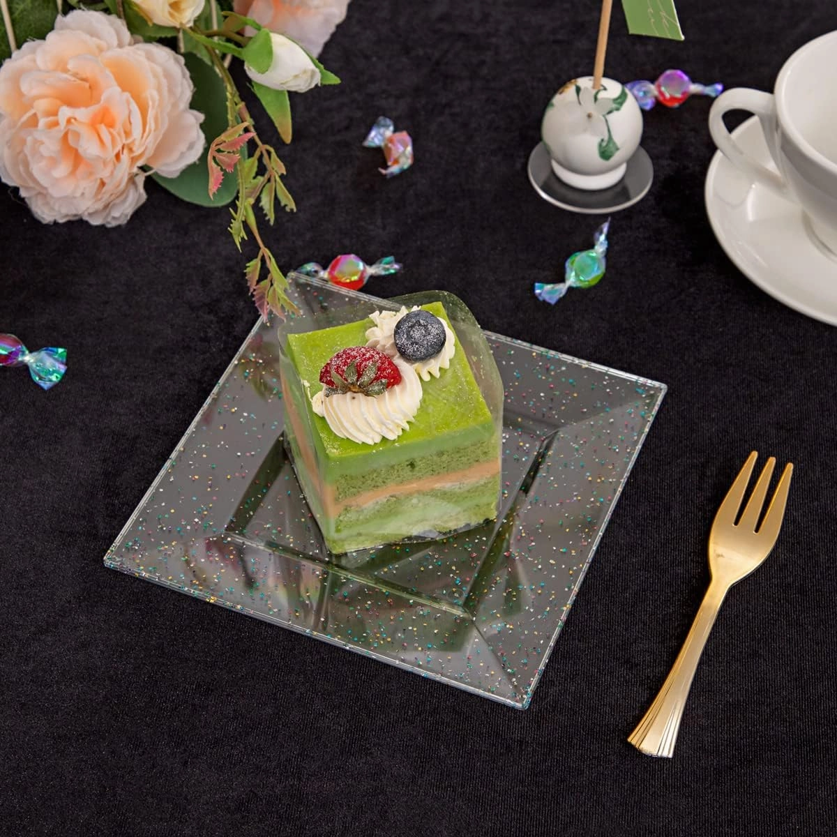 supernal Plastic Square Plates, Glitter Design, 100pcs, 6'' Dishware, BPA Free, Reusable with Caveats, Clear