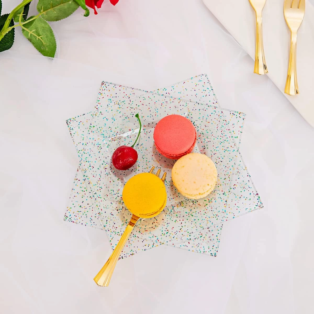 supernal Plastic Square Plates, Glitter Design, 100pcs, 6'' Dishware, BPA Free, Reusable with Caveats, Clear