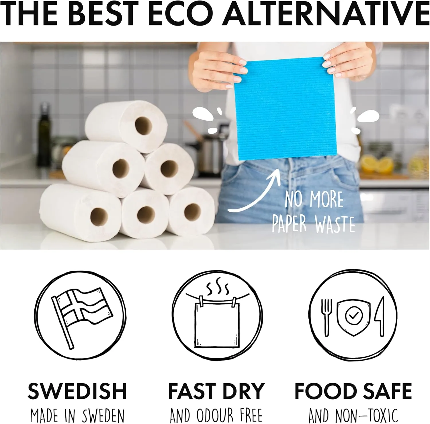 SUPERSCANDI 6 Pack Swedish Dishcloths for Kitchen - 100% Biodegradable & Compostable Reusable Paper Towels Washable, Food-Safe & Without Plastic - Dish Rags Suitable for Any Surface, Apple Green
