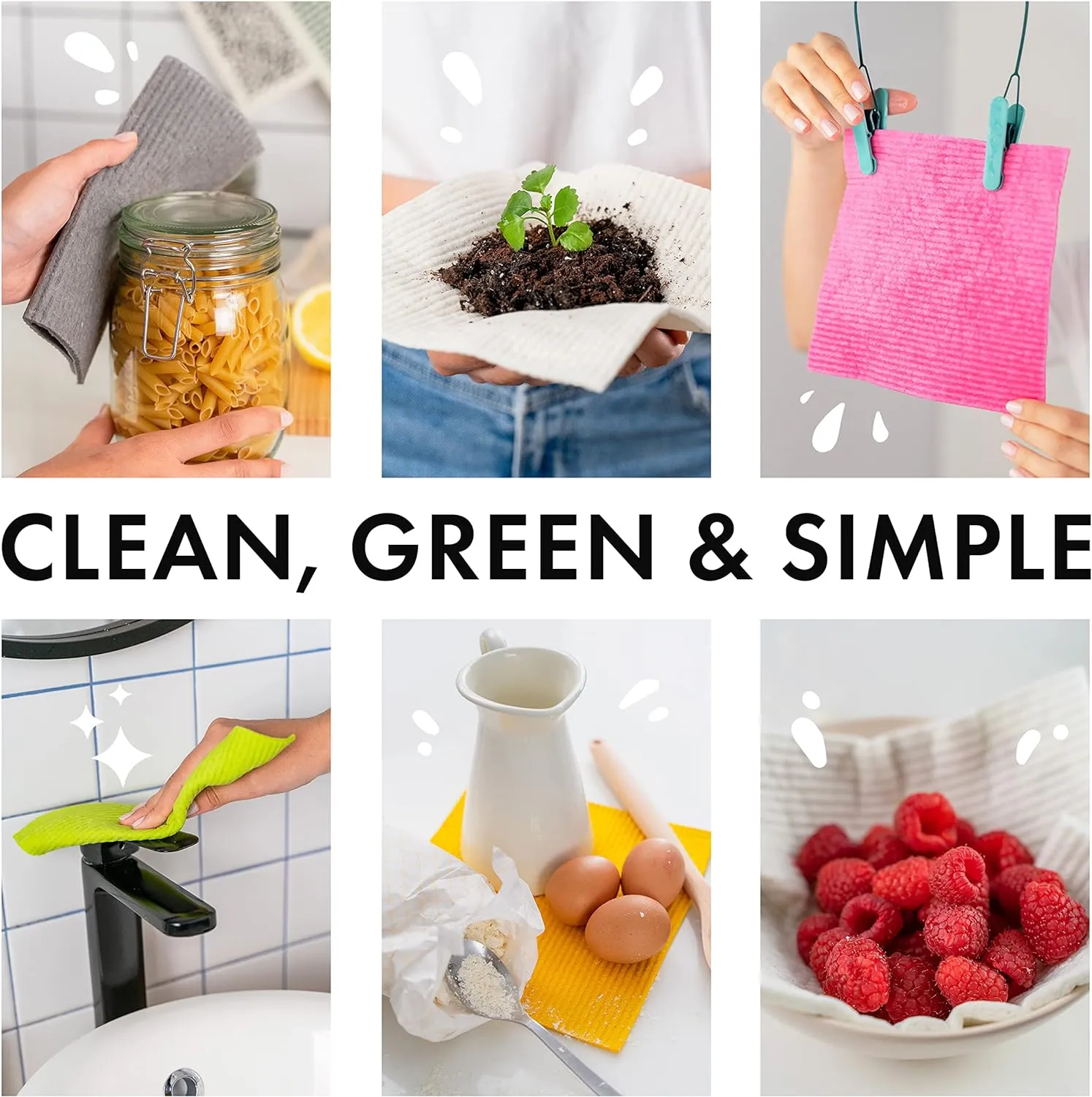 SUPERSCANDI 6 Pack Swedish Dishcloths for Kitchen - 100% Biodegradable & Compostable Reusable Paper Towels Washable, Food-Safe & Without Plastic - Dish Rags Suitable for Any Surface, Apple Green