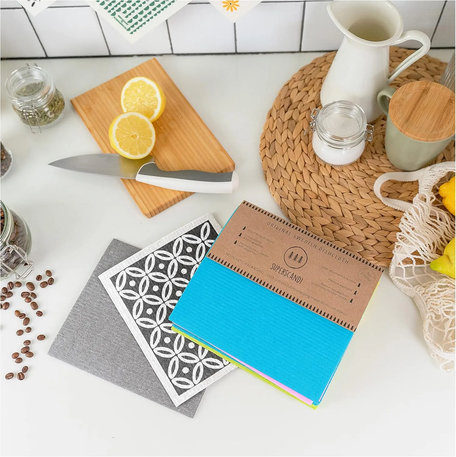 SUPERSCANDI 6 Pack Swedish Dishcloths for Kitchen - 100% Biodegradable & Compostable Reusable Paper Towels Washable, Food-Safe & Without Plastic - Dish Rags Suitable for Any Surface, Apple Green