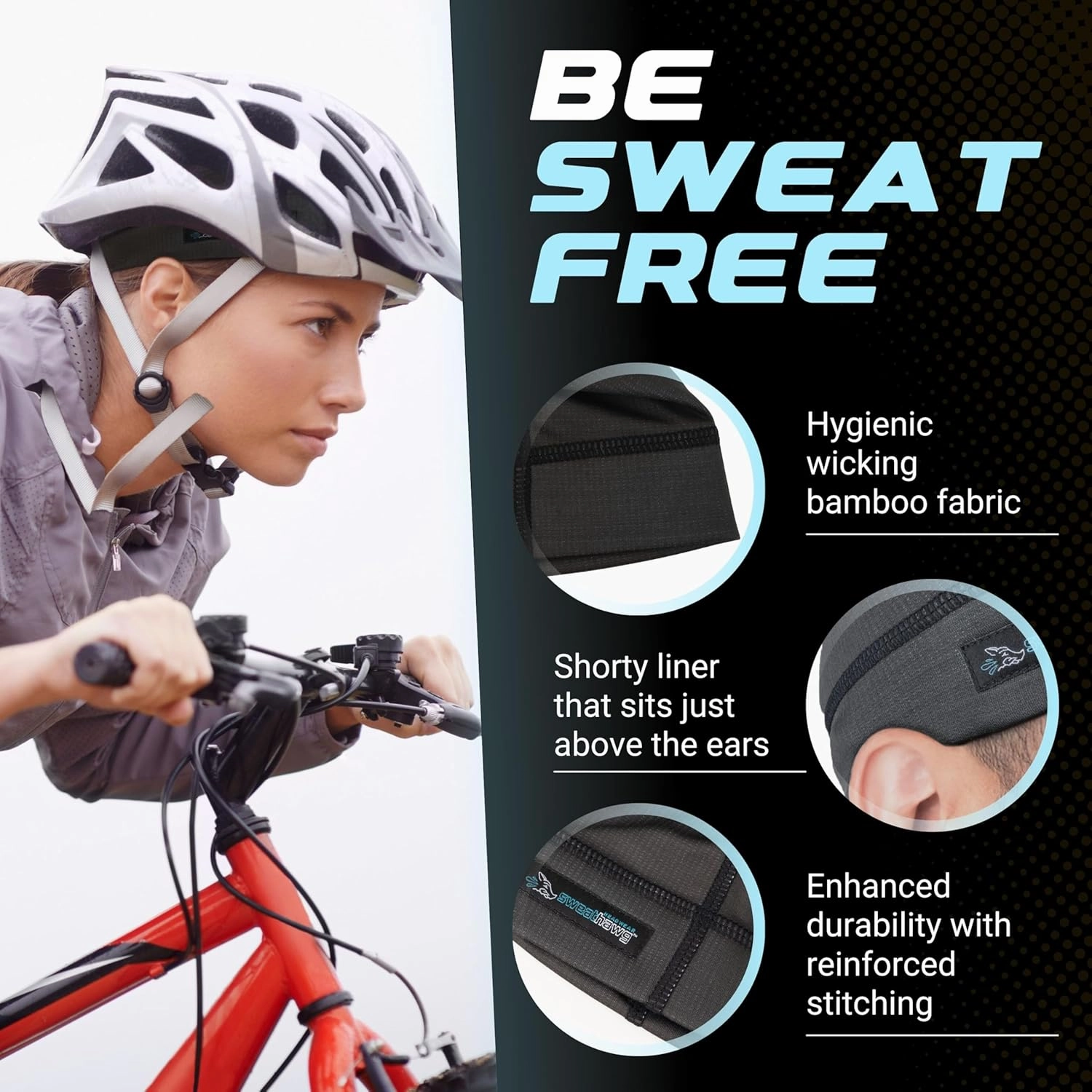 SweatHawg Skull Cap Shorty – Black Helmet Liner for Men & Women, Ultra-Absorbent No-Drip Cooling Cap for Hard Hats & Workouts