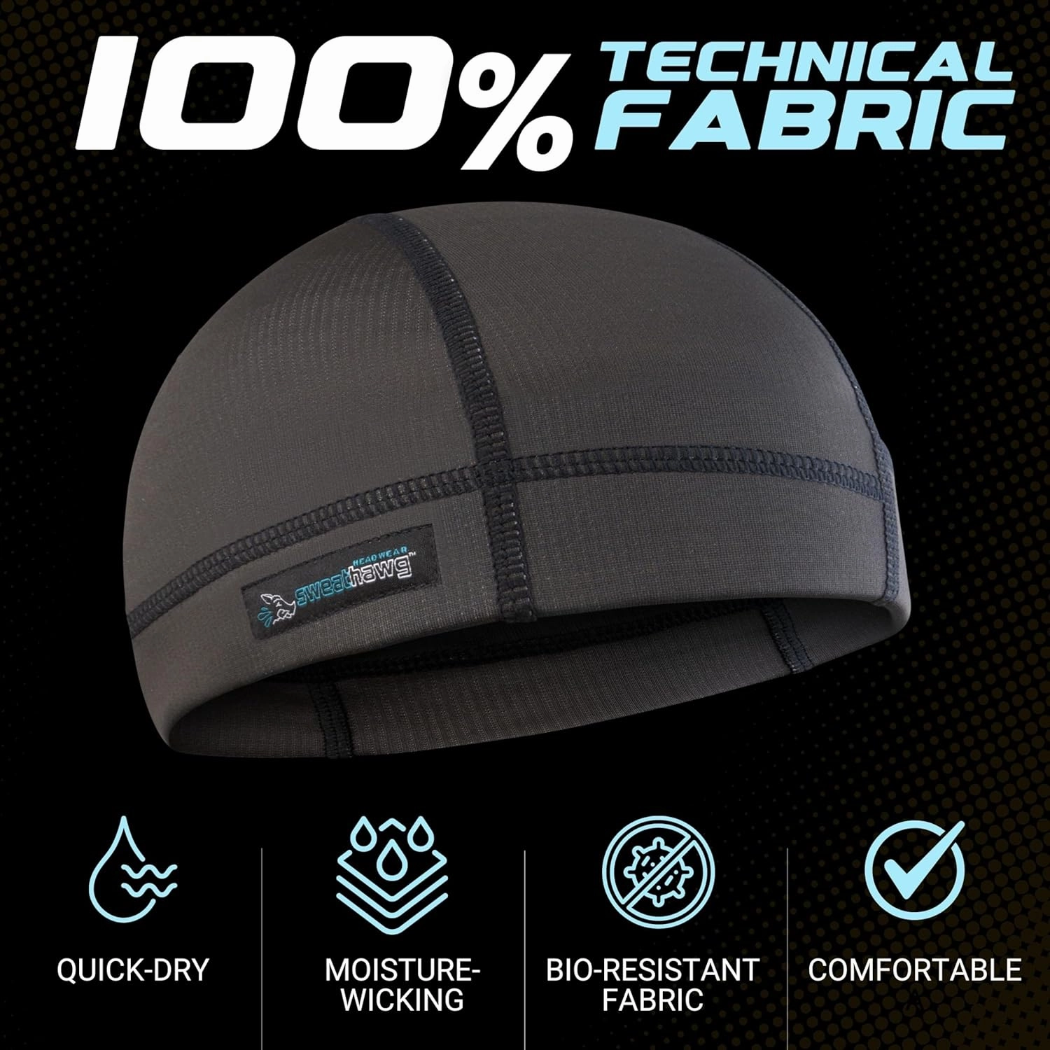 SweatHawg Skull Cap Shorty – Black Helmet Liner for Men & Women, Ultra-Absorbent No-Drip Cooling Cap for Hard Hats & Workouts