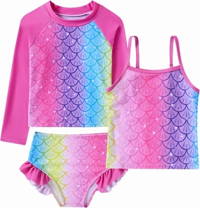 swimsobo Girls 3-Piece Swimsuit Long Sleeve Rash Guard Tankini Sets UPF Sun Proction Bathing Suit 3-10T