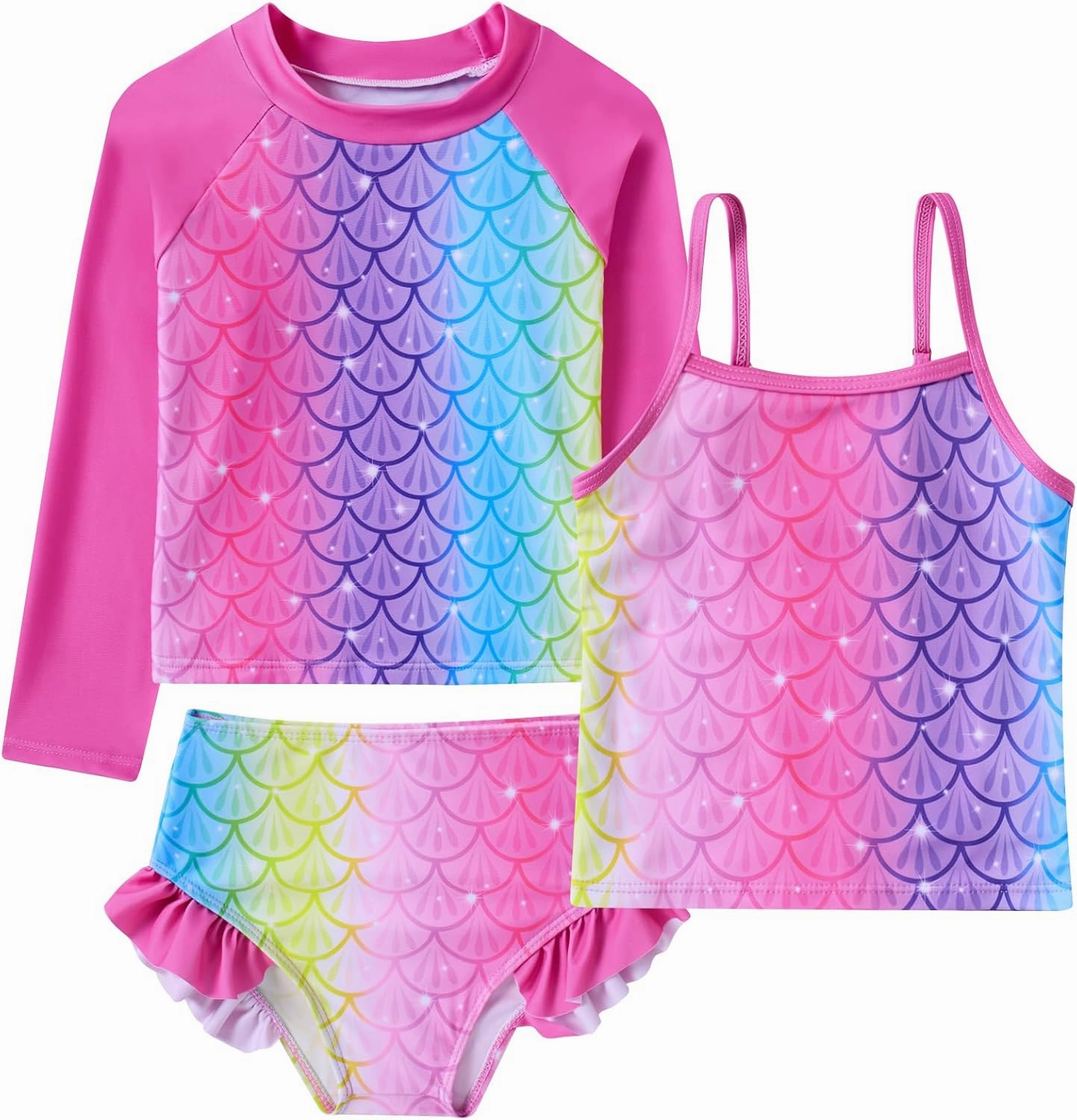 swimsobo Girls 3-Piece Swimsuit Long Sleeve Rash Guard Tankini Sets UPF Sun Proction Bathing Suit 3-10T