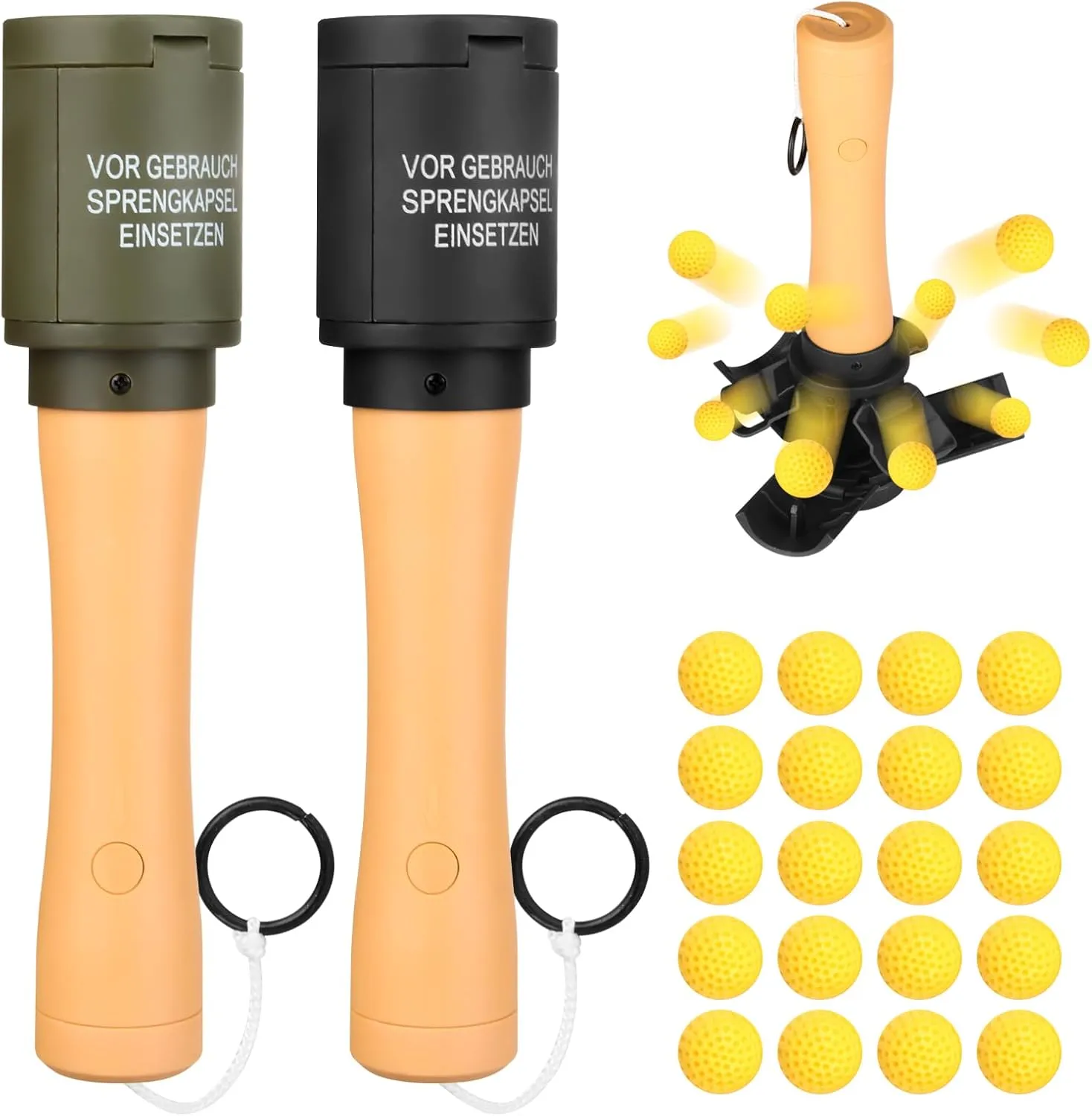 Tactical Toy-Grenade for CS Battle Game,2Pcs Fall Resistant Refillable Fun Impact Pull Ring Grenade Toy with 20 Foam Ammo for 14  Outdoor Sport