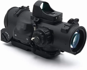 Tactical 1-4x Fixed Dual Field of View Red Illumination Scope Sight, RifleScope with Doc Mini Compact Red Dot Optics Reflex Sight, Black