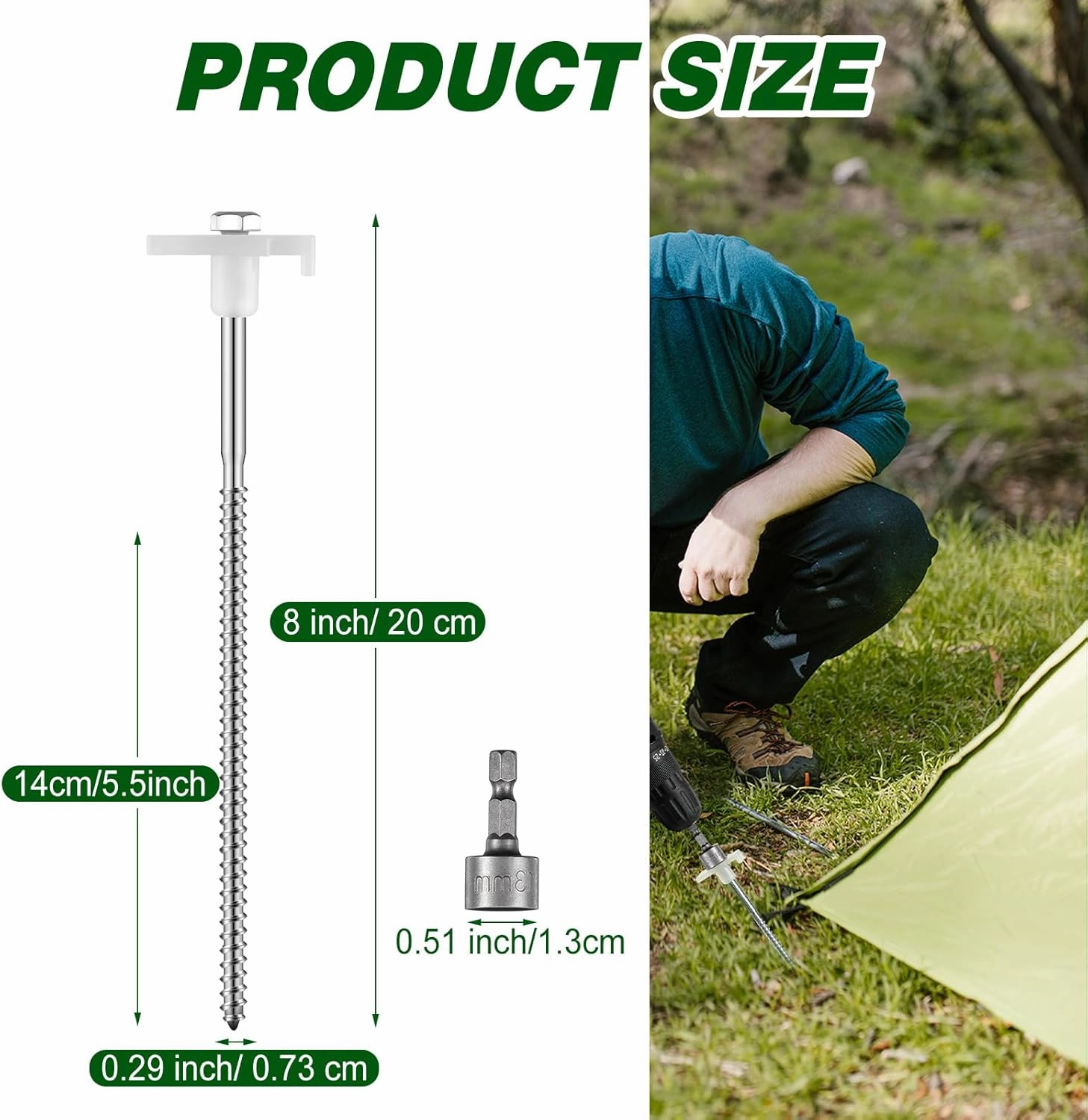 Tandefio 20 Pcs 8 Inch Screw in Tent Stakes Heavy Duty Drill in Ground Anchor Pegs Metal Stakes Screws Hex Pegs Drillable Camping Threaded Tent Spike with Hex Head Driver (Illuminant White)
