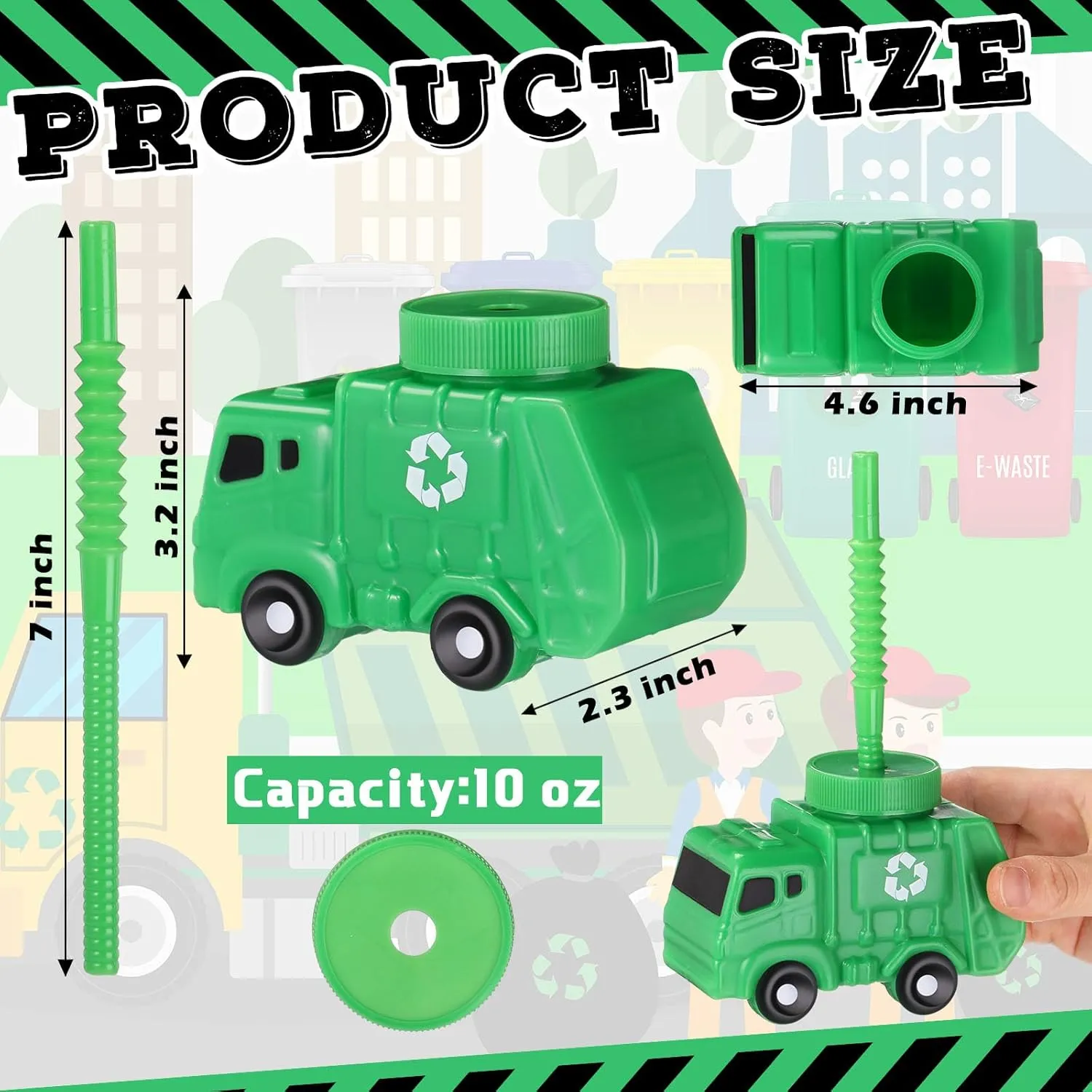 Tanlade 12 Sets Truck Birthday Party Favor Gifts Supplies Garbage Truck Cups with Straws,10 oz Plastic Garbage Car Shape Cup Reusable Car Party Decoration Vehicles Birthday