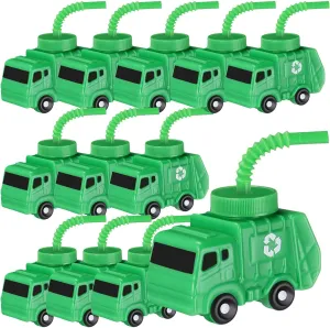 Tanlade 12 Sets Truck Birthday Party Favor Gifts Supplies Garbage Truck Cups with Straws,10 oz Plastic Garbage Car Shape Cup Reusable Car Party Decoration Vehicles Birthday