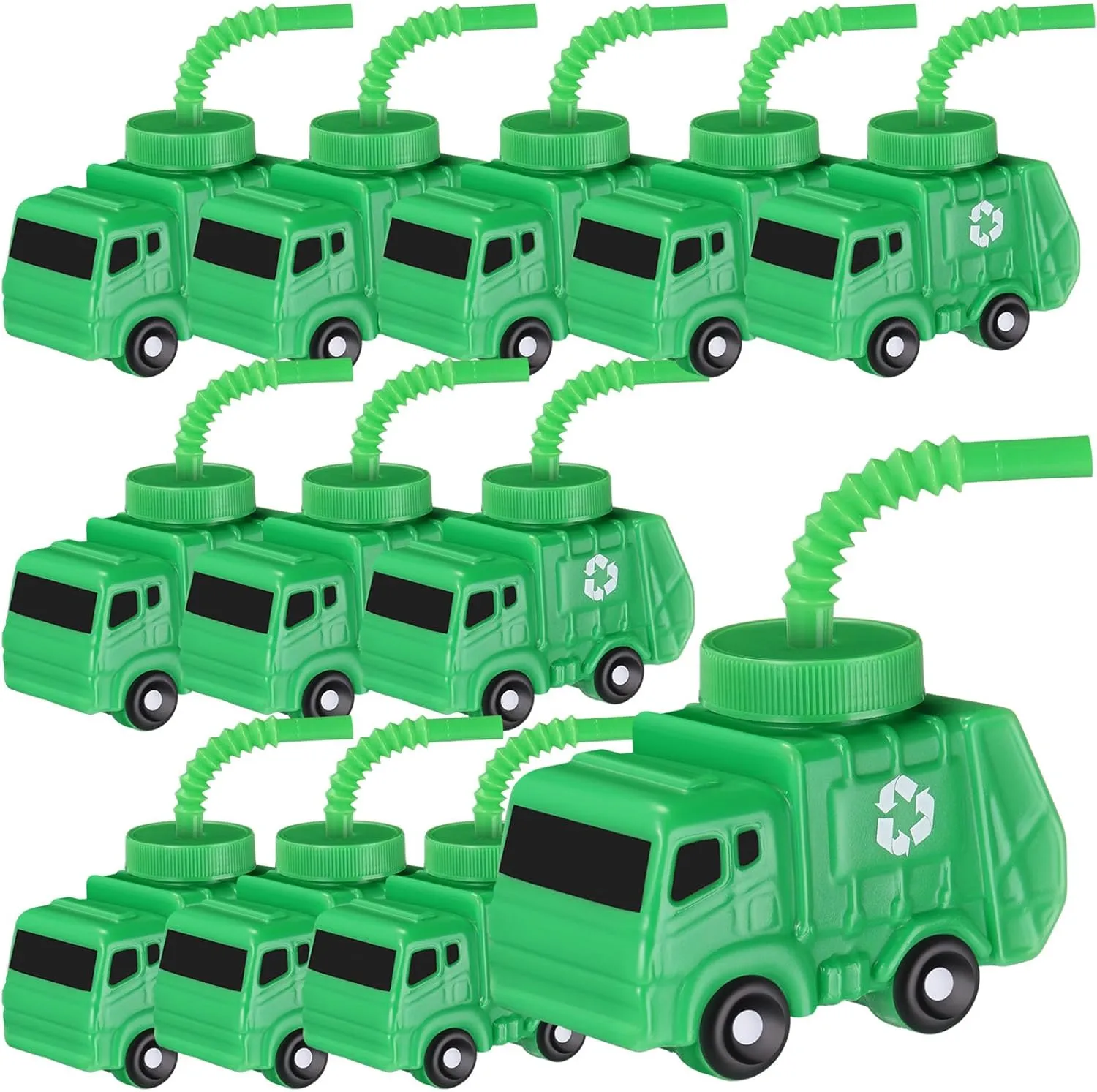 Tanlade 12 Sets Truck Birthday Party Favor Gifts Supplies Garbage Truck Cups with Straws,10 oz Plastic Garbage Car Shape Cup Reusable Car Party Decoration Vehicles Birthday