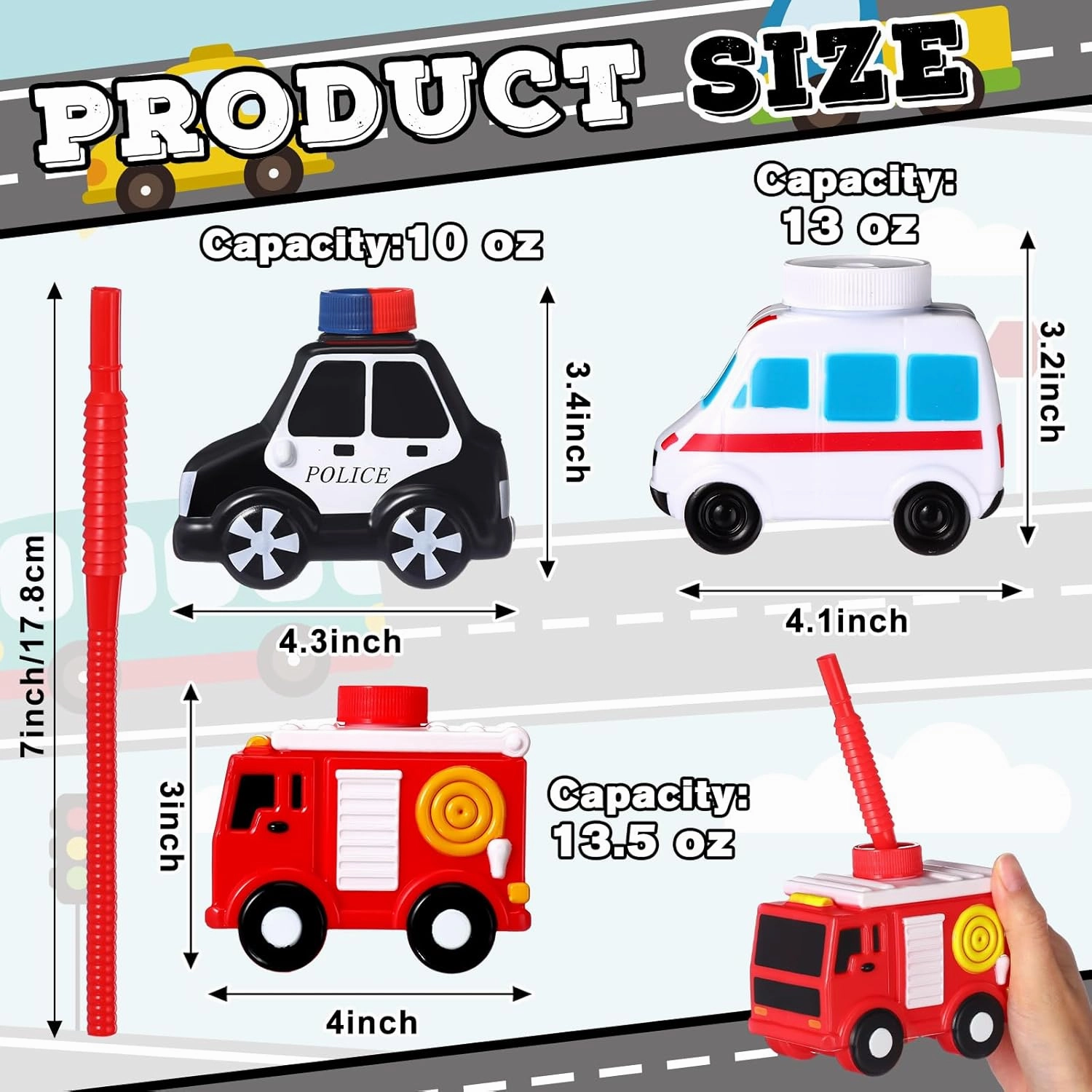 Tanlade 12 Set Truck Traffic Vehicle Cups with Straws Firefighter Ambulance Police Car Cups Reusable Firefighter Party Plastic Traffic Vehicle Birthday Party Favor for Car Decor