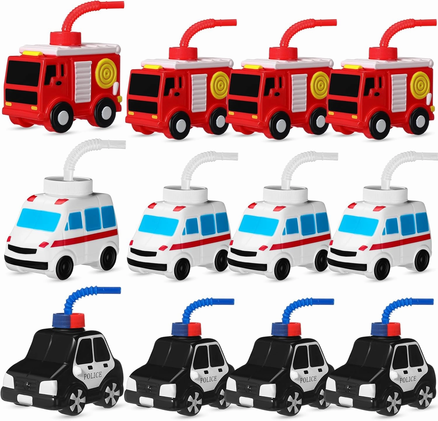 Tanlade 12 Set Truck Traffic Vehicle Cups with Straws Firefighter Ambulance Police Car Cups Reusable Firefighter Party Plastic Traffic Vehicle Birthday Party Favor for Car Decor