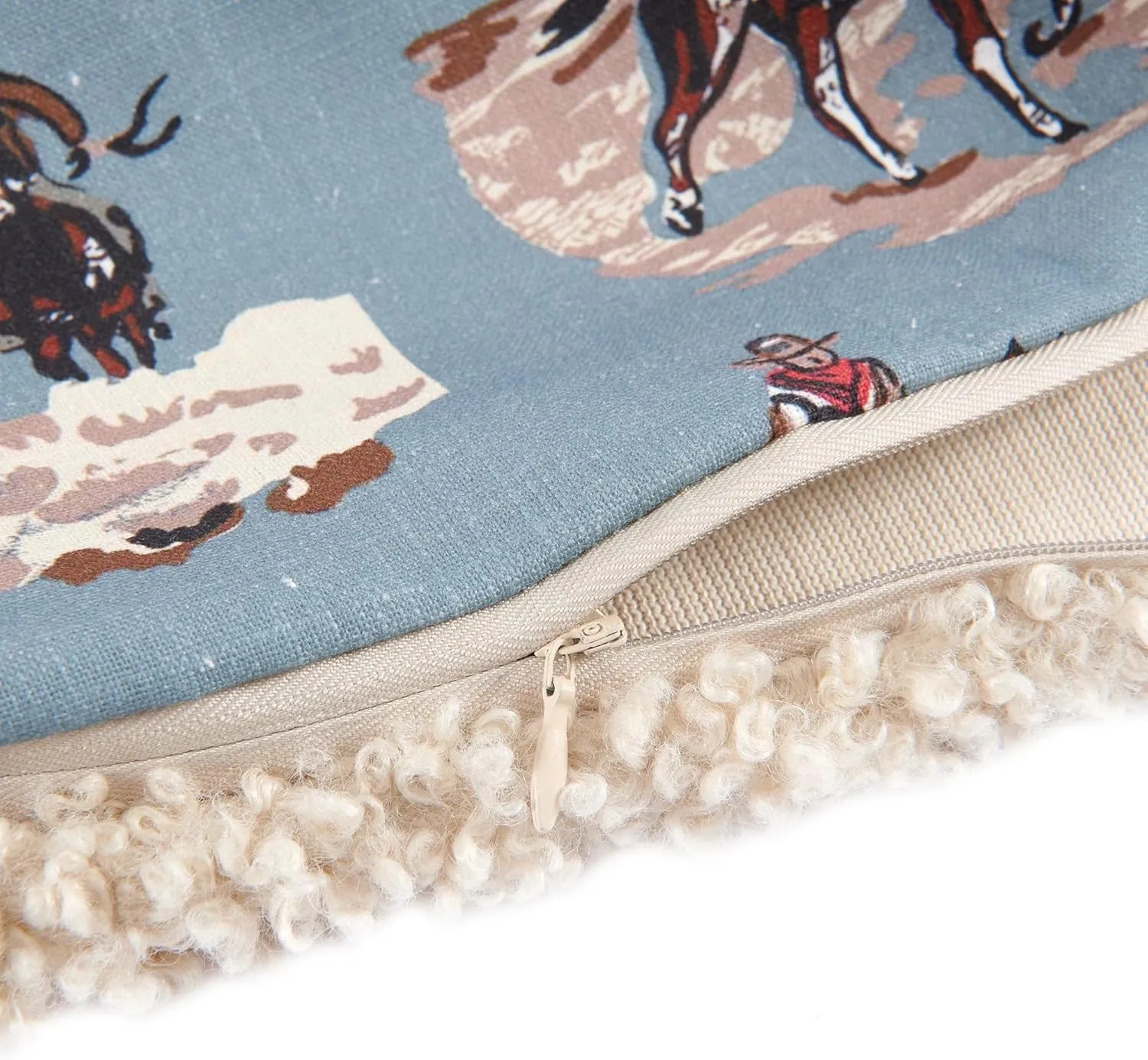 Tasha Polizzi for Paseo Road Settler Western Throw Pillow, 18x18 inch, Blue Gray Brown Teddy-Backed Pillow, Soft Boucle Reverse Side, Cowboys Horse Print, Southwest Western Pillow for Bed, Couch, Sofa