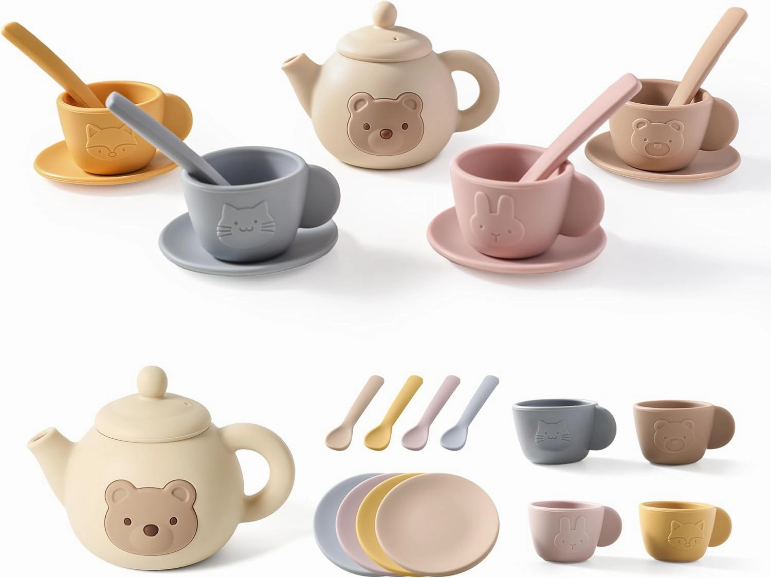 Tea Party Set for Little Girls 1-3 Kids Tea Set 14 Pcs with Silicone Teapot Cups Coasters Carrying Scoop, Kitchen Accessories Pretend Play for Girls Boys Age 3 4 5