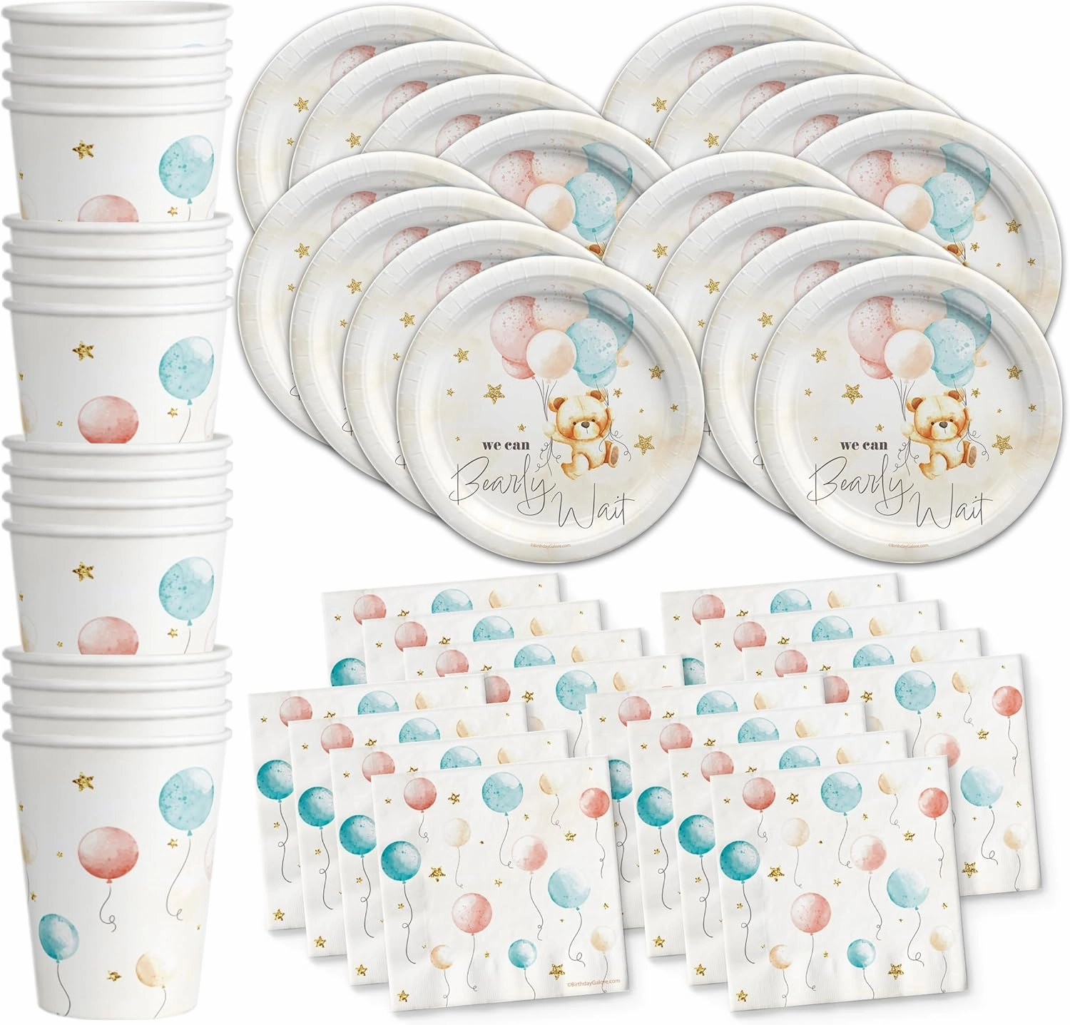 Teddy Bear Party Supplies - Bear Baby Shower Tableware Set Includes Plates Cups and Napkis (48 Piece, We Can Bearly Wait)