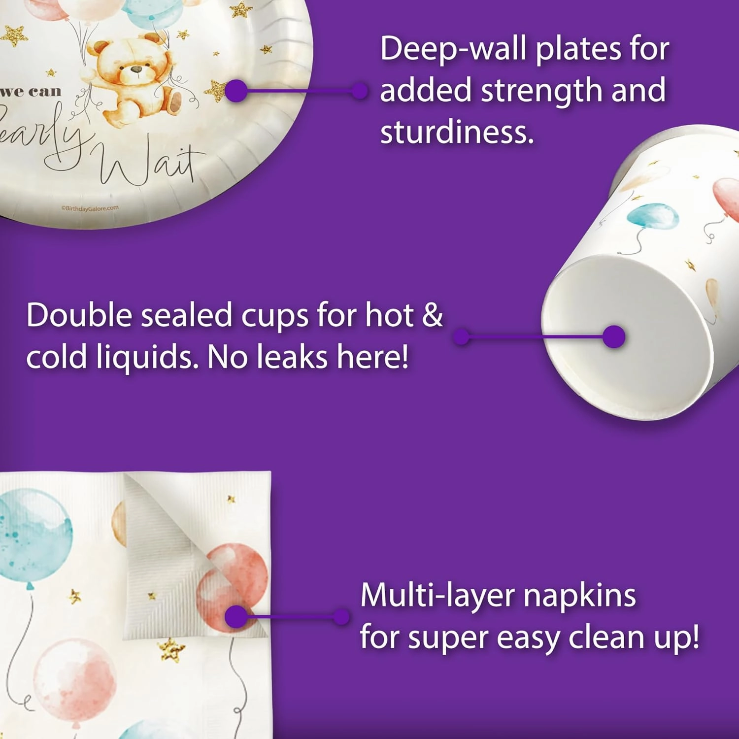 Teddy Bear Party Supplies - Bear Baby Shower Tableware Set Includes Plates Cups and Napkis (48 Piece, We Can Bearly Wait)