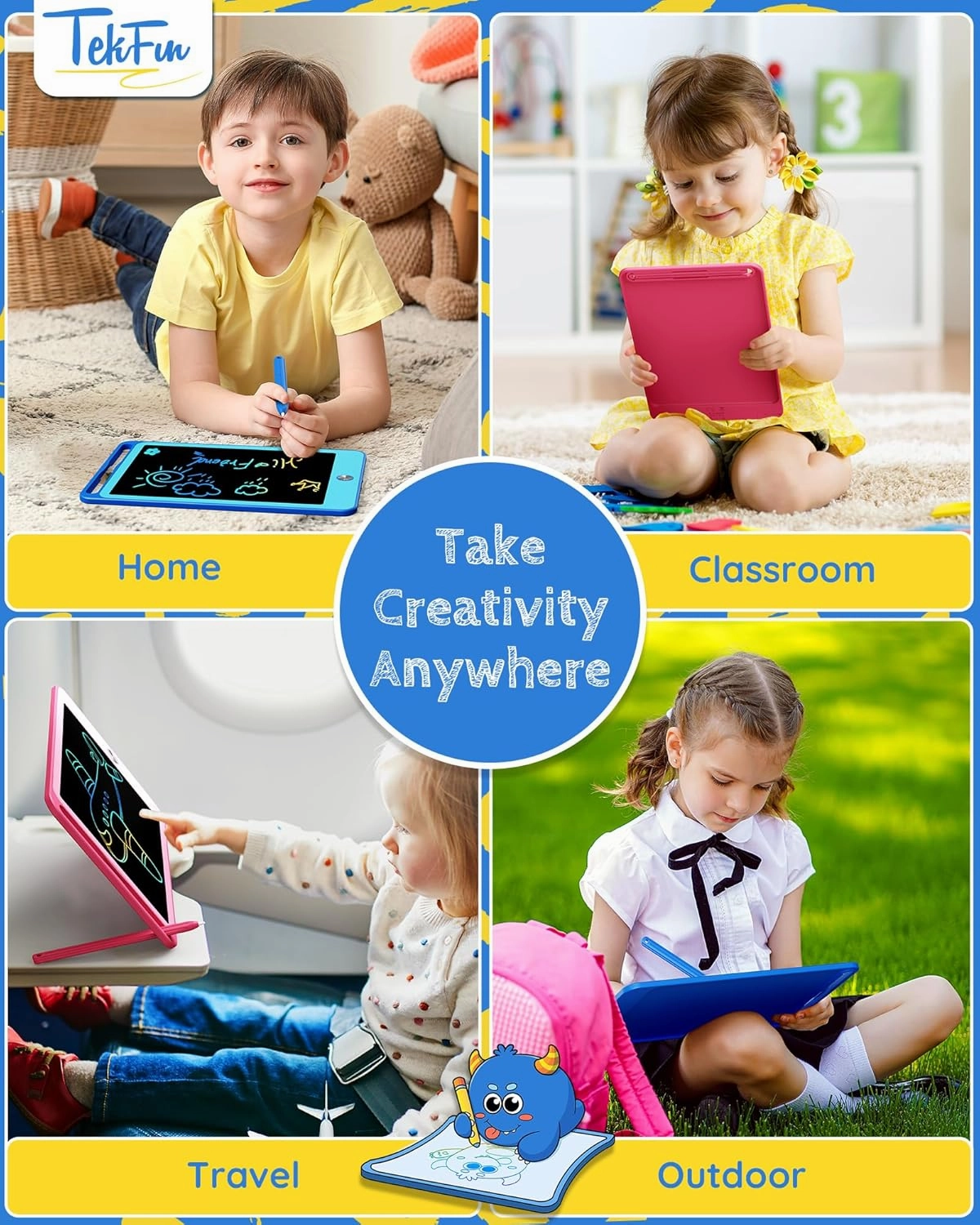 TEKFUN 2 Pack LCD Writing Tablet for Kids, 10 Inch Blue Pink Doodle Board Drawing Board Reusable Drawing Tablet with Lanyard, Educational Kids Toddler Toys Birthday Gift for Boys Girls 3-12 Years Old