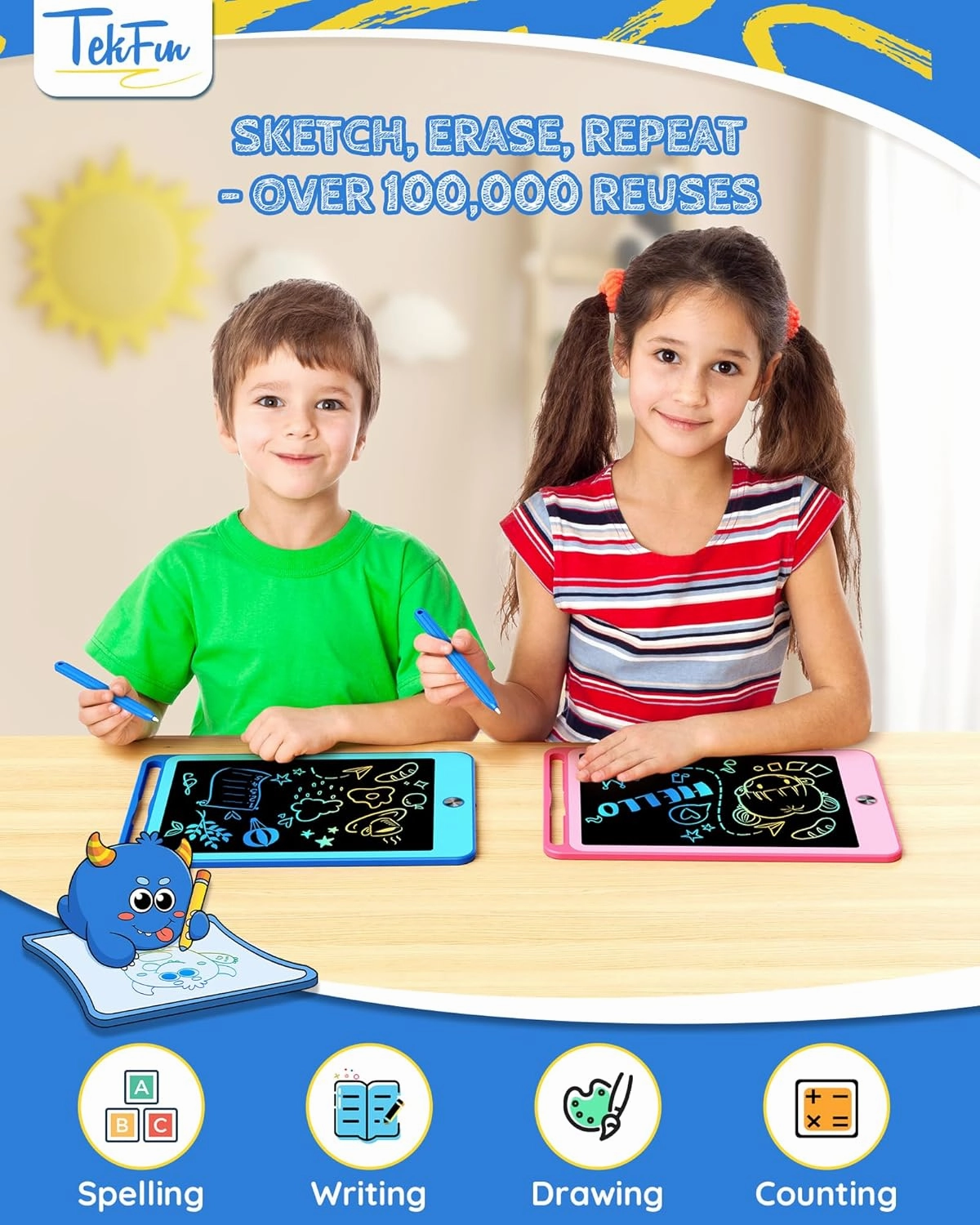 TEKFUN 2 Pack LCD Writing Tablet for Kids, 10 Inch Blue Pink Doodle Board Drawing Board Reusable Drawing Tablet with Lanyard, Educational Kids Toddler Toys Birthday Gift for Boys Girls 3-12 Years Old