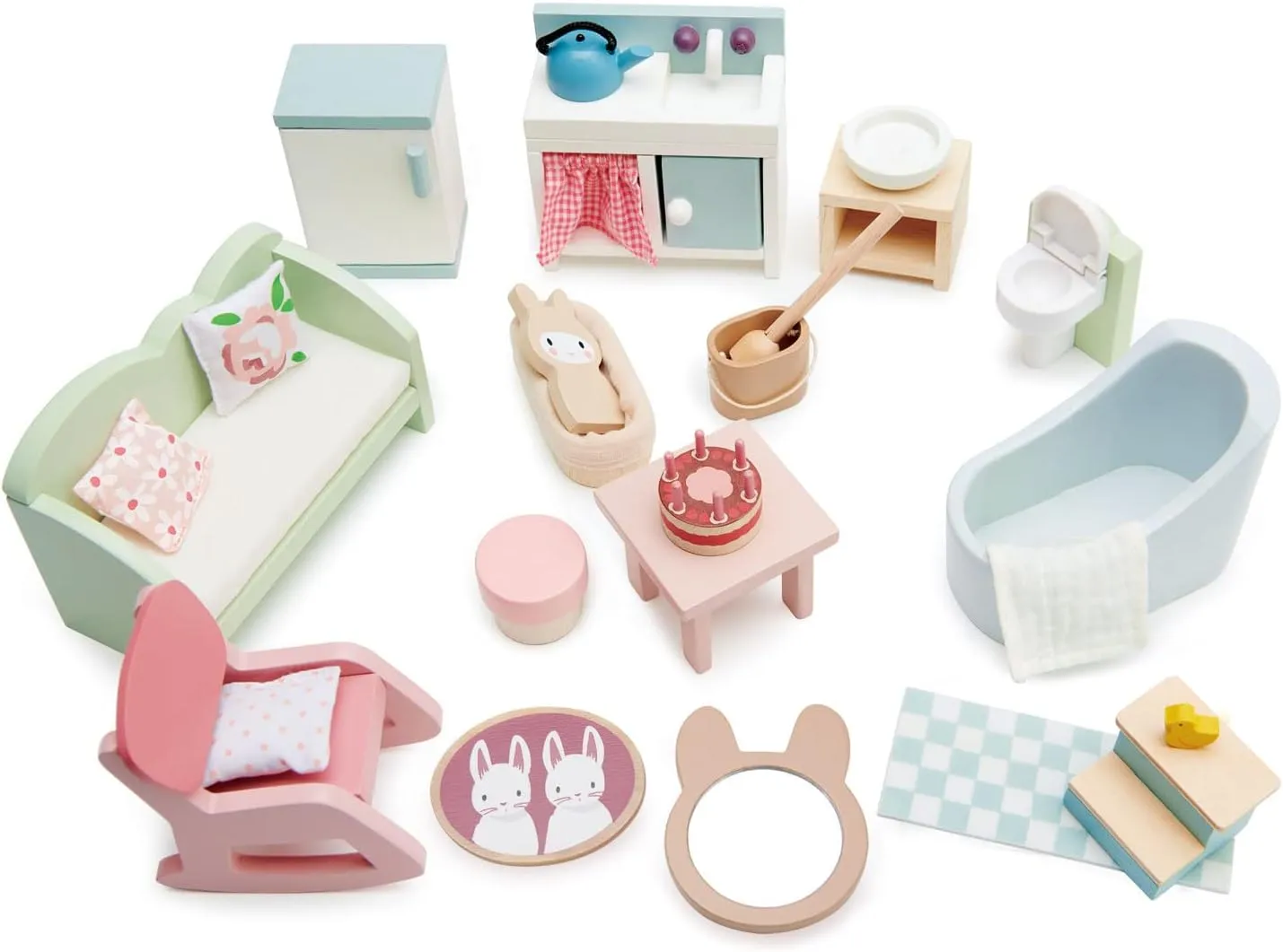 Tender Leaf Toys - Countryside Furniture Set - Fully Furnished Dollhouse Accessories - Bathroom, Living Room and Kitchen All in one, Miniature Pretend Play - Age 3 