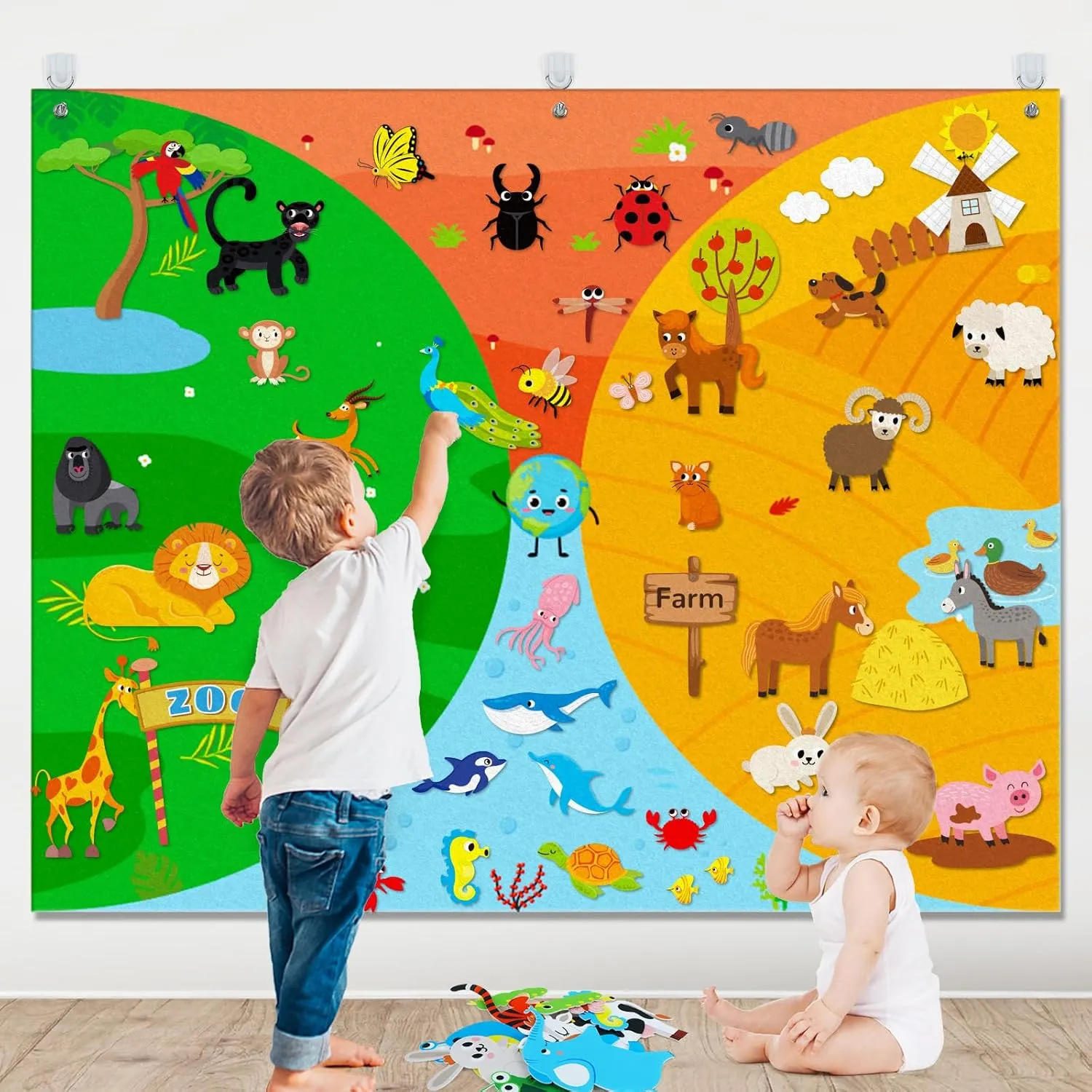 teytoy Felt Board Story Set Farm Animals Toys, 4.9Ft 58Pcs Preschool Activities Storytelling Early Learning Play Kit Reusable Wall Hanging Gift for Toddlers Kids Classroom