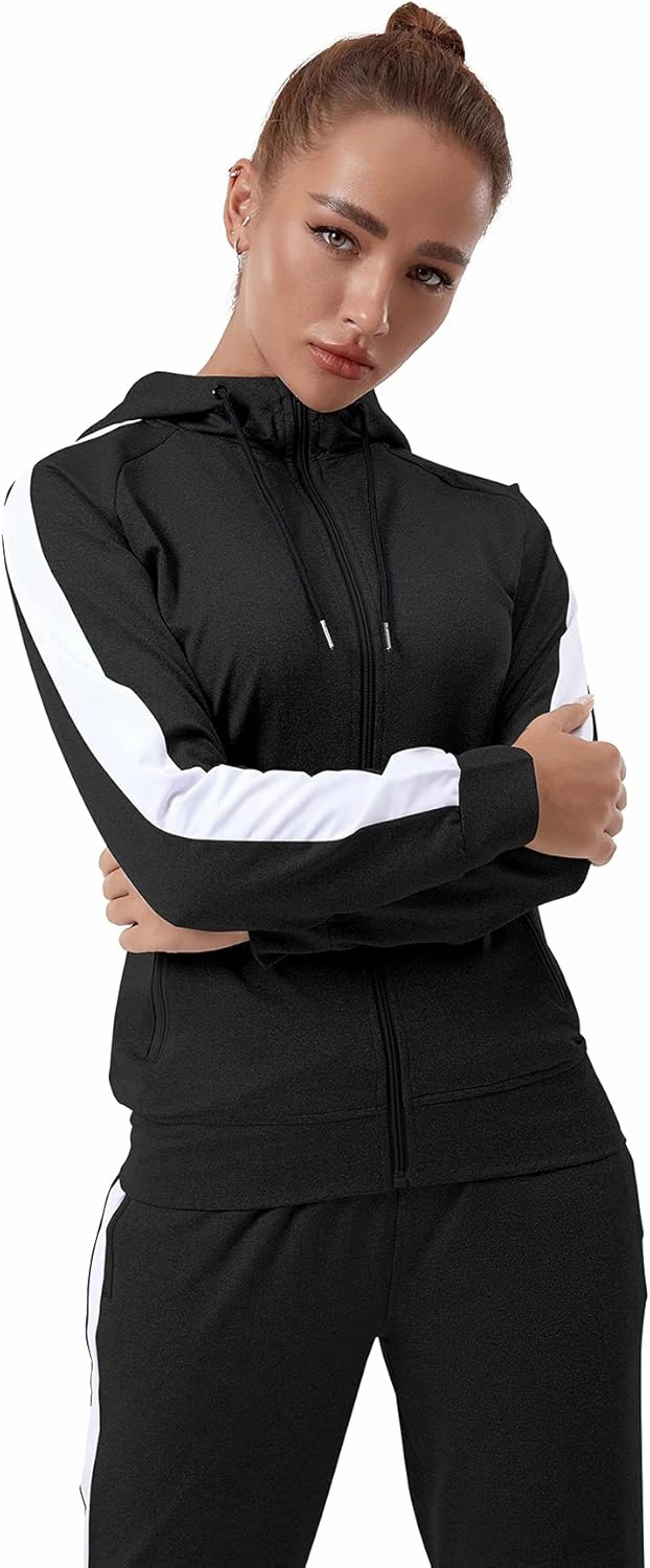 TEZO Womens Full Zip-Up Hoodie Tracksuit Set Long Sleeve Casual Jogging Suits Workout Gym 2 Piece Outfits with Pockets