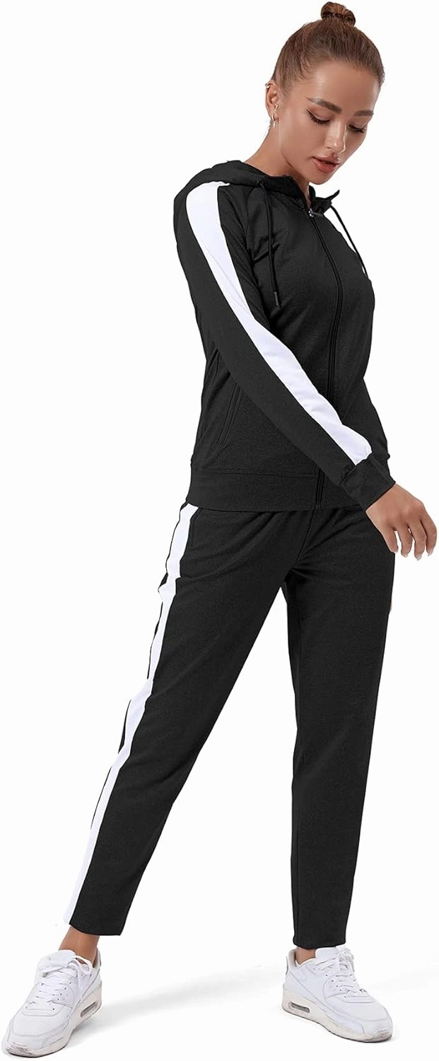 TEZO Womens Full Zip-Up Hoodie Tracksuit Set Long Sleeve Casual Jogging Suits Workout Gym 2 Piece Outfits with Pockets