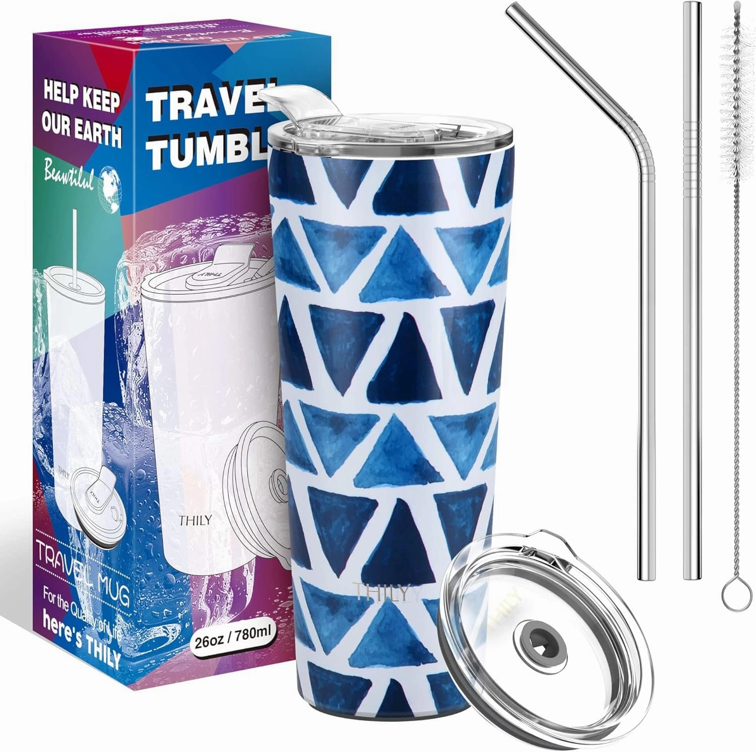 THILY Tumbler Stainless Steel Coffee Cup 26 oz Triple-Insulated Travel Mug with Splash-Proof Lid, for Iced Drinks and Hot Beverage Smoothies Cup, Blue Triangle