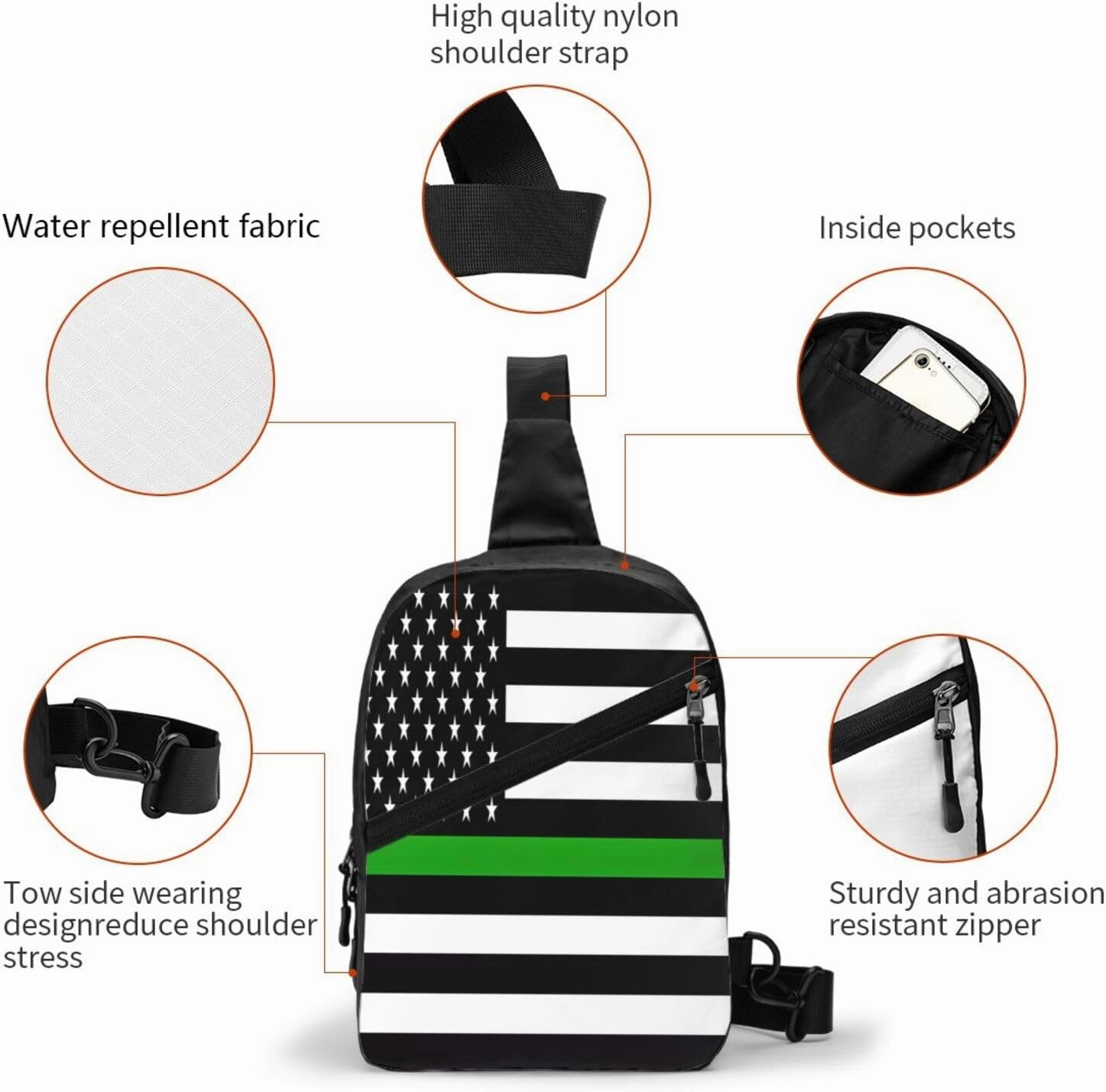 Thin Green Line American Flag Portable Sling Bags Packable Crossbody Bag Foldable Sport Daypack Reusable Shoulder Backpack Diagonally Chest Bag for Workout Travel