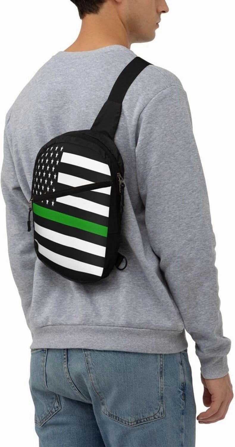 Thin Green Line American Flag Portable Sling Bags Packable Crossbody Bag Foldable Sport Daypack Reusable Shoulder Backpack Diagonally Chest Bag for Workout Travel