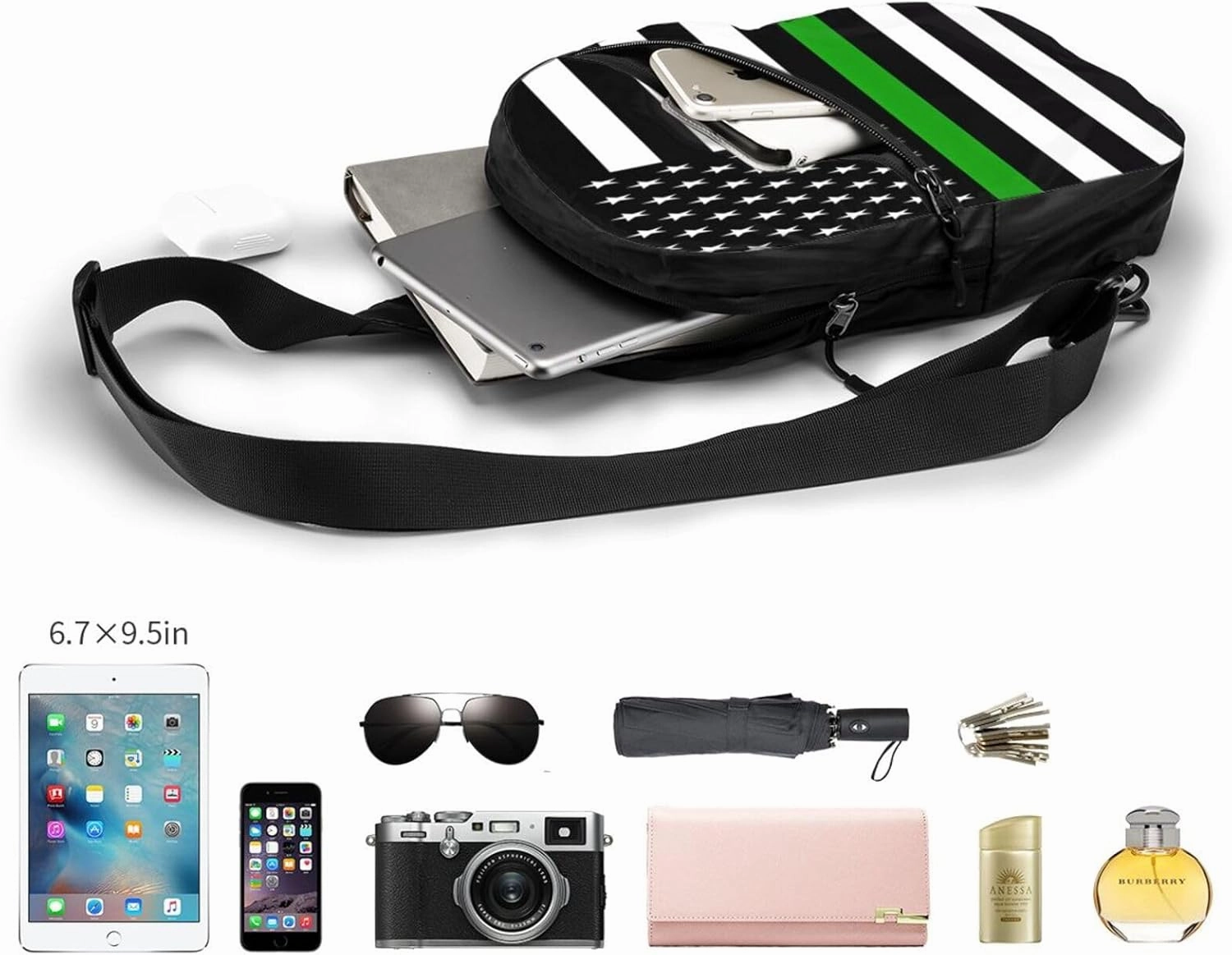 Thin Green Line American Flag Portable Sling Bags Packable Crossbody Bag Foldable Sport Daypack Reusable Shoulder Backpack Diagonally Chest Bag for Workout Travel