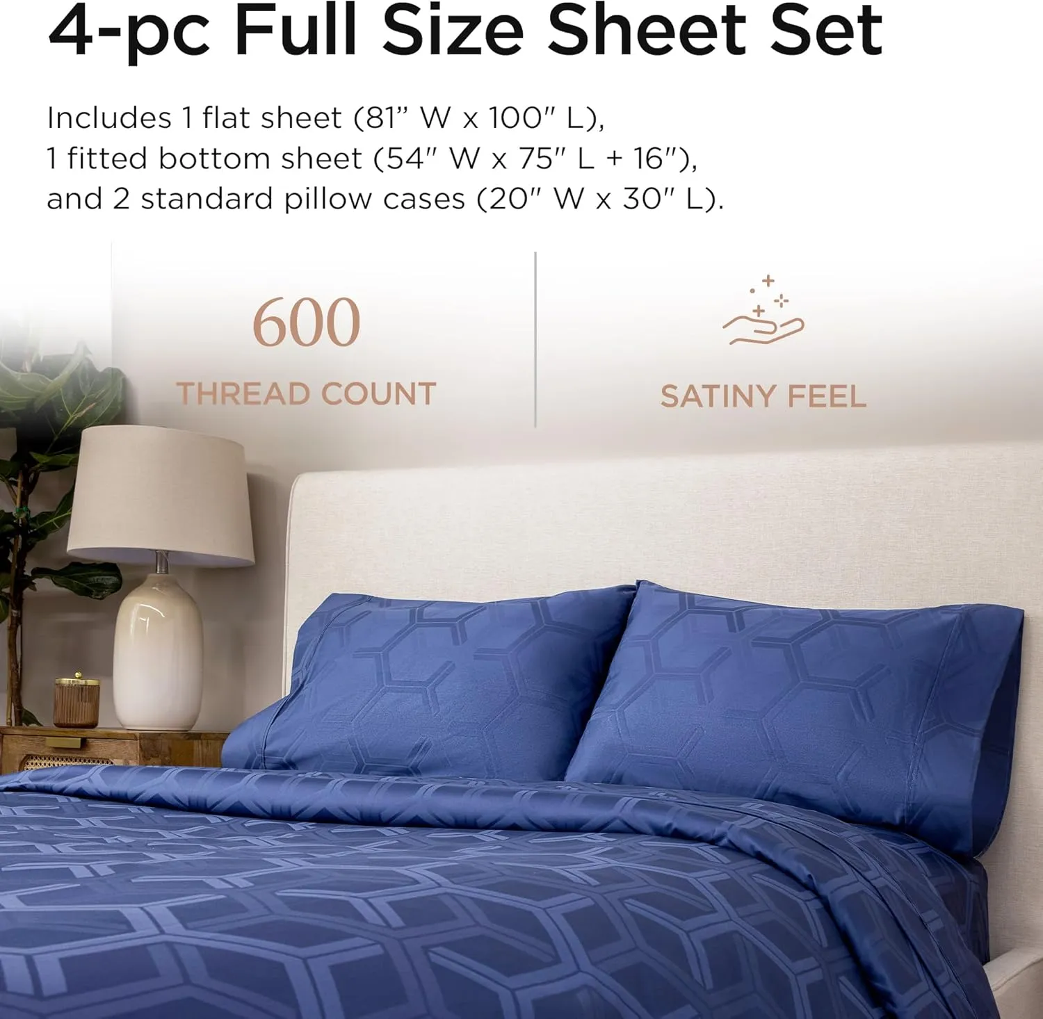Threadmill 100% Cotton Sheets for Full Size Bed - 600 Thread Count Full Bed Sheets Set with 16” Deep Pocket - Jacquard Sateen Weave 4-Piece Bedding Set with Cooling Effect, Folkstone Blue